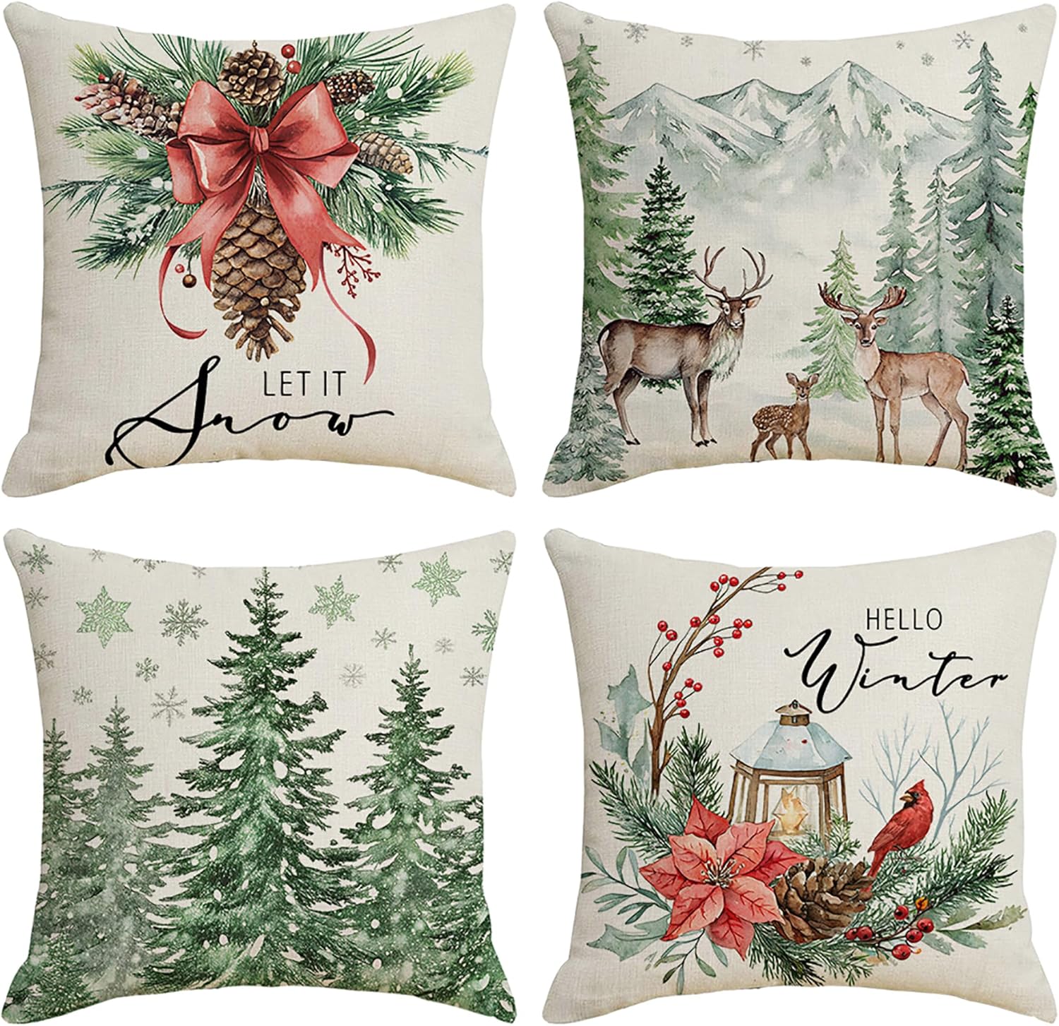 Christmas Throw Pillow Covers 18x18 inch Set of 4, Watercolor Trees Deer Pinecones Snowflakes Let It Snow Xmas Winter Pillow Cases for Couch Sofa Decor