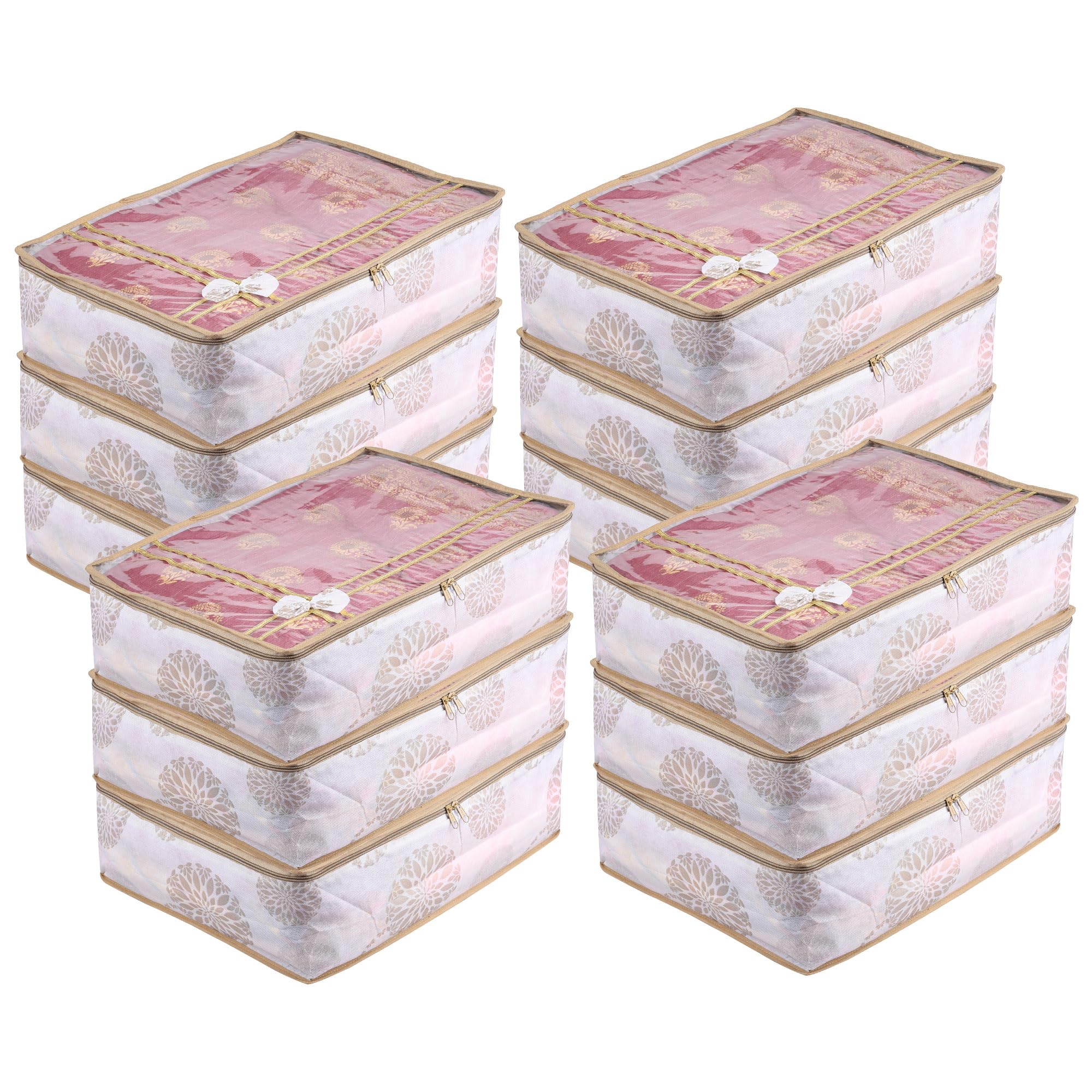 Kuber Industries Pack of 12 Saree Storage Bag | 6 Inch | Wardrobe Storage Bag for Saree-Suit-Lehenga | Lightweight-Portable Garments Bag | Top Visible Window Bag | Bow-Gola Print | White