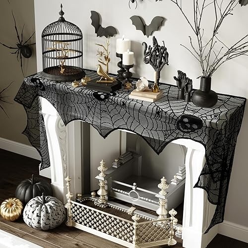 Vista 33 de AerWo tela de araña para decorar la chimenea para halloween manto de encaje negro, cotillón para fiestas, 45 x 243 cm 18 x 96 pulgadas
