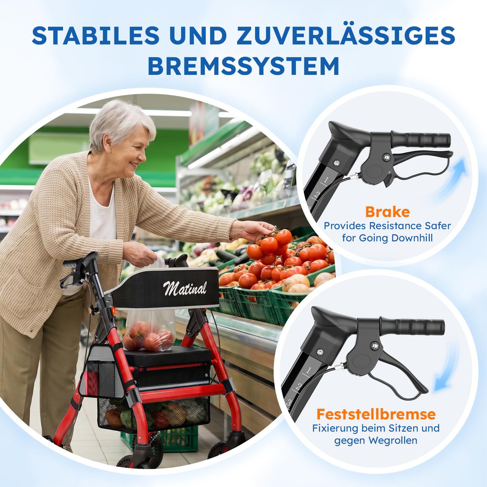 Faltbarer Rollator für Senioren Outdoor, Tragkraft bis 200kg, Rot | 20cm Gummireifen für jedes Gelände, Rollator für den Außenbereich aus Aluminiumlegierung mit breitem, höhenverstellbarem Sitz