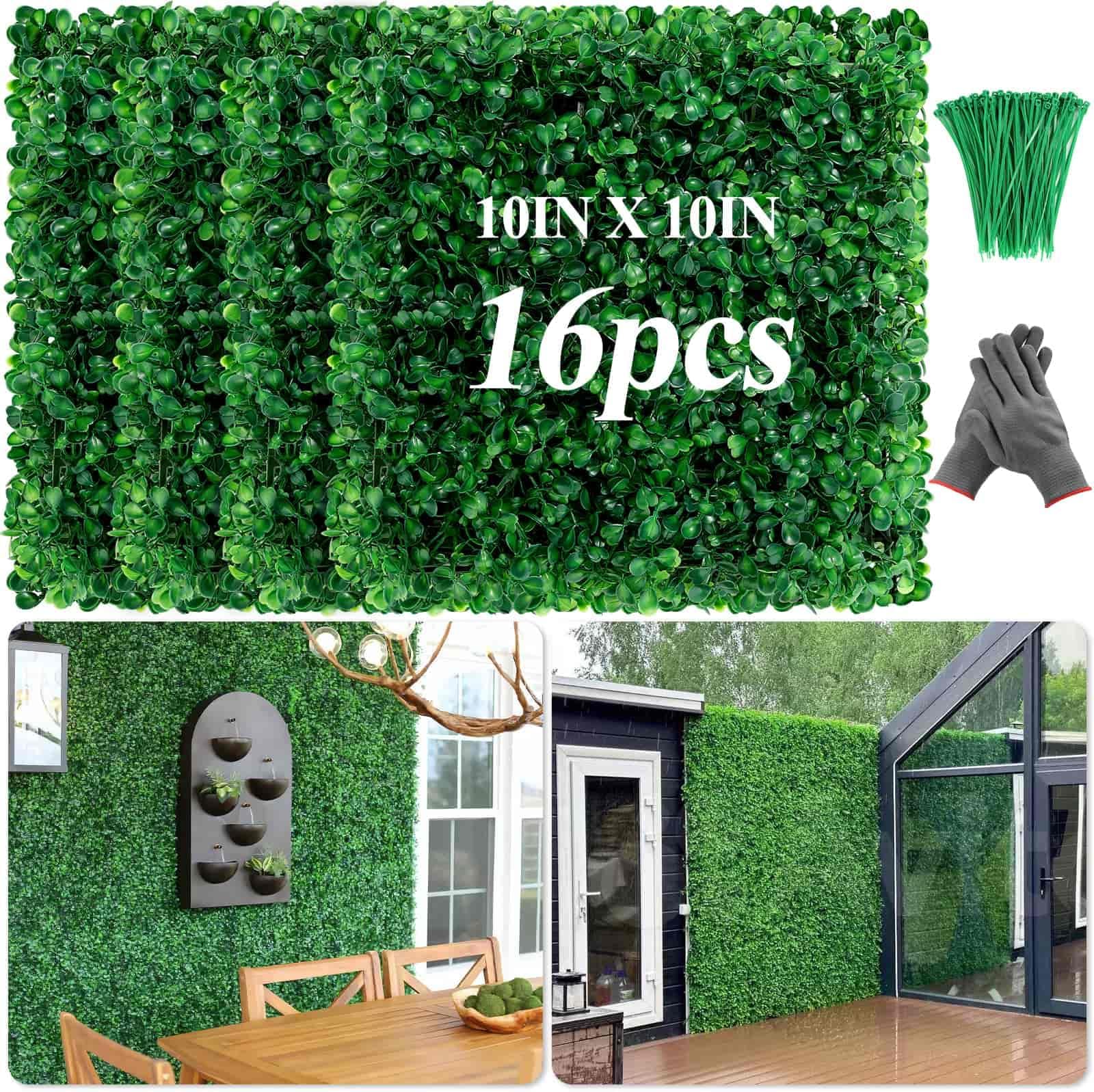 16Pcs 10"X10" Artificial Grass Wall, Boxwood Hedge Wall Panels UV-Anti Grass Backdrop Wall Decor, Greenery Privacy Hedge Screen for Indoor Outdoor Patio Balcony, Party Garden Fence Decor