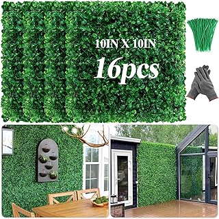 16 Pcs 10" X 10" Artificial Grass Wall Panels, UV-Resistant Fake Boxwood Panels Faux Green Grass ...
