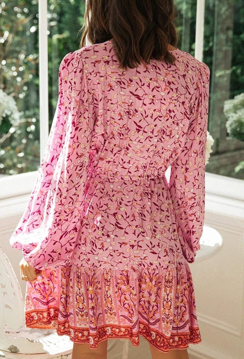 R.Vivimos Women's Cotton Long Sleeves V-Neck Button Up Floral Print Bohemian Flowy Mini Dress - Image 3