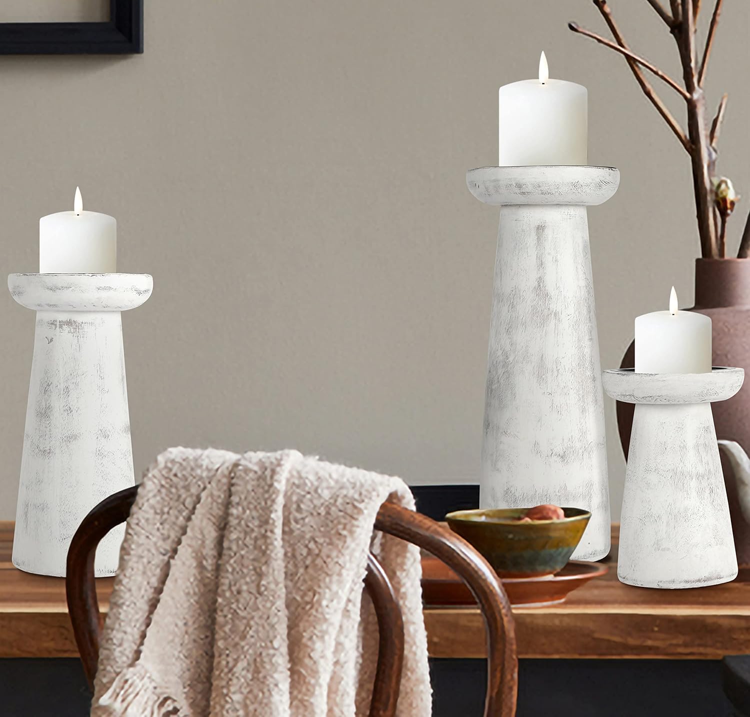 Hand Crafted Wooden Pillar Candle Holder Set of 3, Ideal for LED and Pillar Candle, Gift for Wedding, Christmas, Party, Home, Spa, Reiki, Aromatherapy,Votive Candle Gardens, 10,8,6 Inch, Antique White