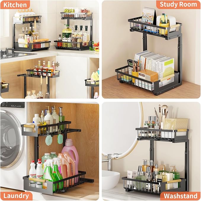 Organizador Bajo Fregadero, 2 Niveles Extraíbles Bajo Gabinete para Cocina/Baño, Cajones Ajustables de Doble Capa, Ahorra Espacio para Suministros de Limpieza (Negro, 2 Unidades) miniatura 6