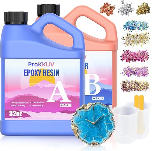 Kit de resina epoxi ProKKUV, kit de resina epoxi transparente de 64 oz, sin burbujas, sin amarillamiento, resistente a los rayos UV, apto para