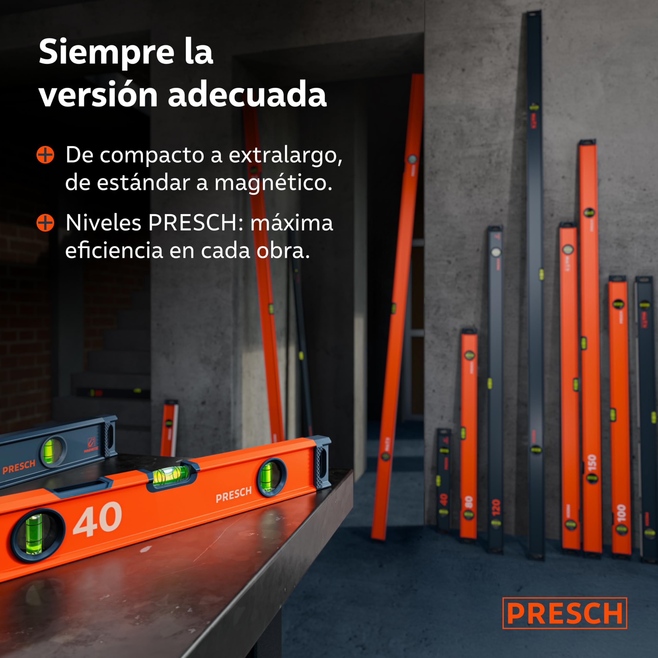 Presch Juego de Niveles Magnéticos 3 pzs. - 40cm, 60cm y 100cm - Ampolla irrompible con pendiente 2% - Ventana de lectura vertical - Tapones antideslizantes innovadores - Niveles de burbuja
