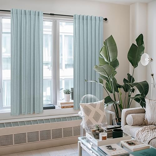 Miniatura 2 de Cortinas de lino, 2 paneles, presillas ocultas y bolsillo de cortinero, casuales, con textura, semitraslúcidas, gris verdoso, estilo costero, tono