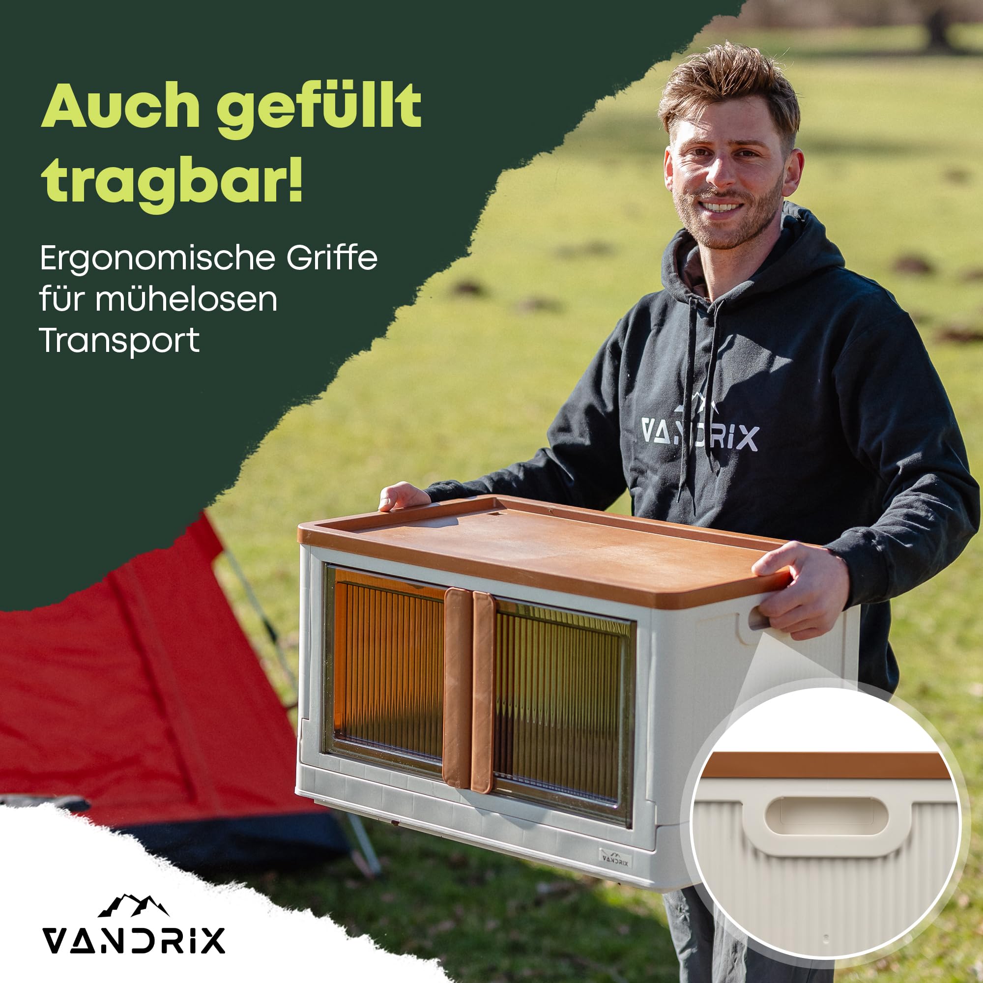 VANDRIX Campingschrank faltbar mit Tischfunktion – Ultraleicht (3,9 kg), in 1 Min. aufgebaut, wetterfest, 20 kg Traglast, stabil auf Sand/Kies, ideal für Vanlife, Zelt & Outdoor Reisen