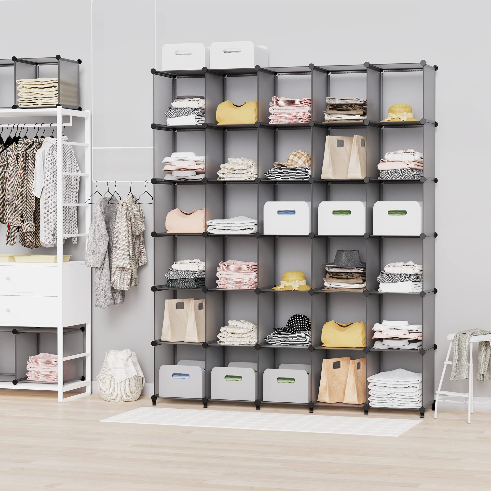 HOMIDEC Regalsystem Regal aus Kunststoff, 40 Würfel Schuhregal Modular Schrank Raumteiler, Aufbewahrung Organizer von Kleidung Spielzeug für Schlafzimmer, Grau Küche, Haushalt & Wohnen