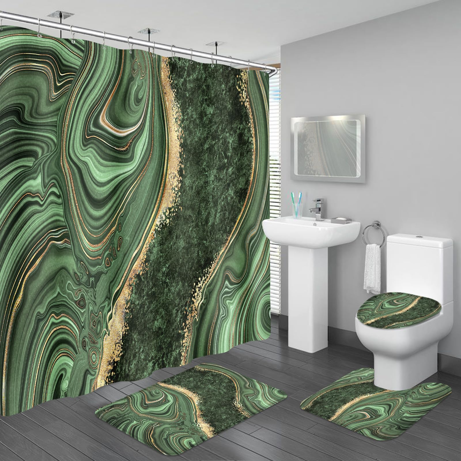 4PCS Sage Green Marble Bathroom Sets with Shower Curtain and Rugs
