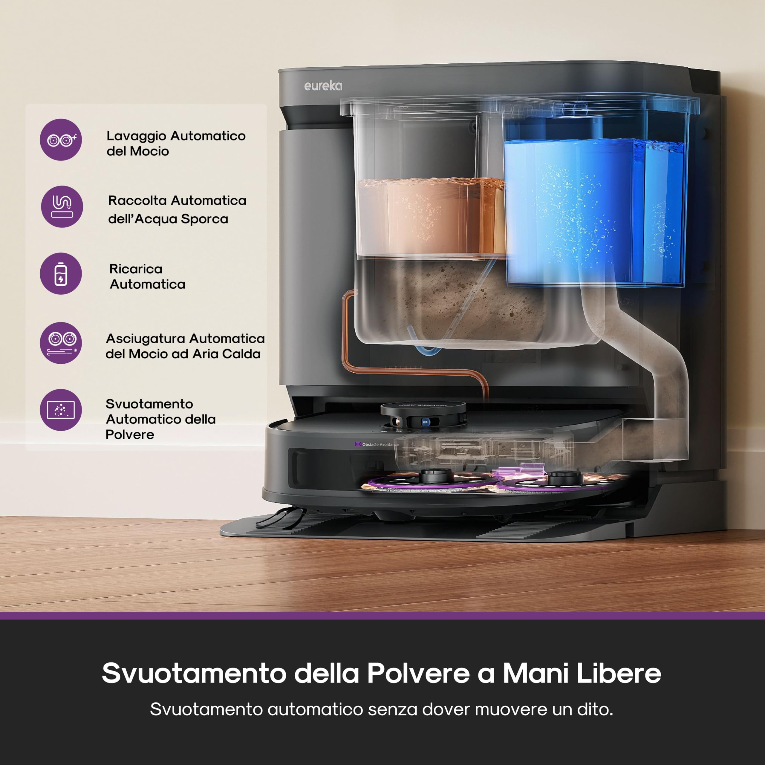 EUREKA J15 Evo Ultra Robot Aspirapolvere e Lavapavimenti, Aspirazione 22.000Pa, Mocio Estendibile 100% Bordi, Autolavaggio/Asciugatura 55°C, 75 Giorni Autonomia, Animali Domestici, Anti-Groviglio,Nero