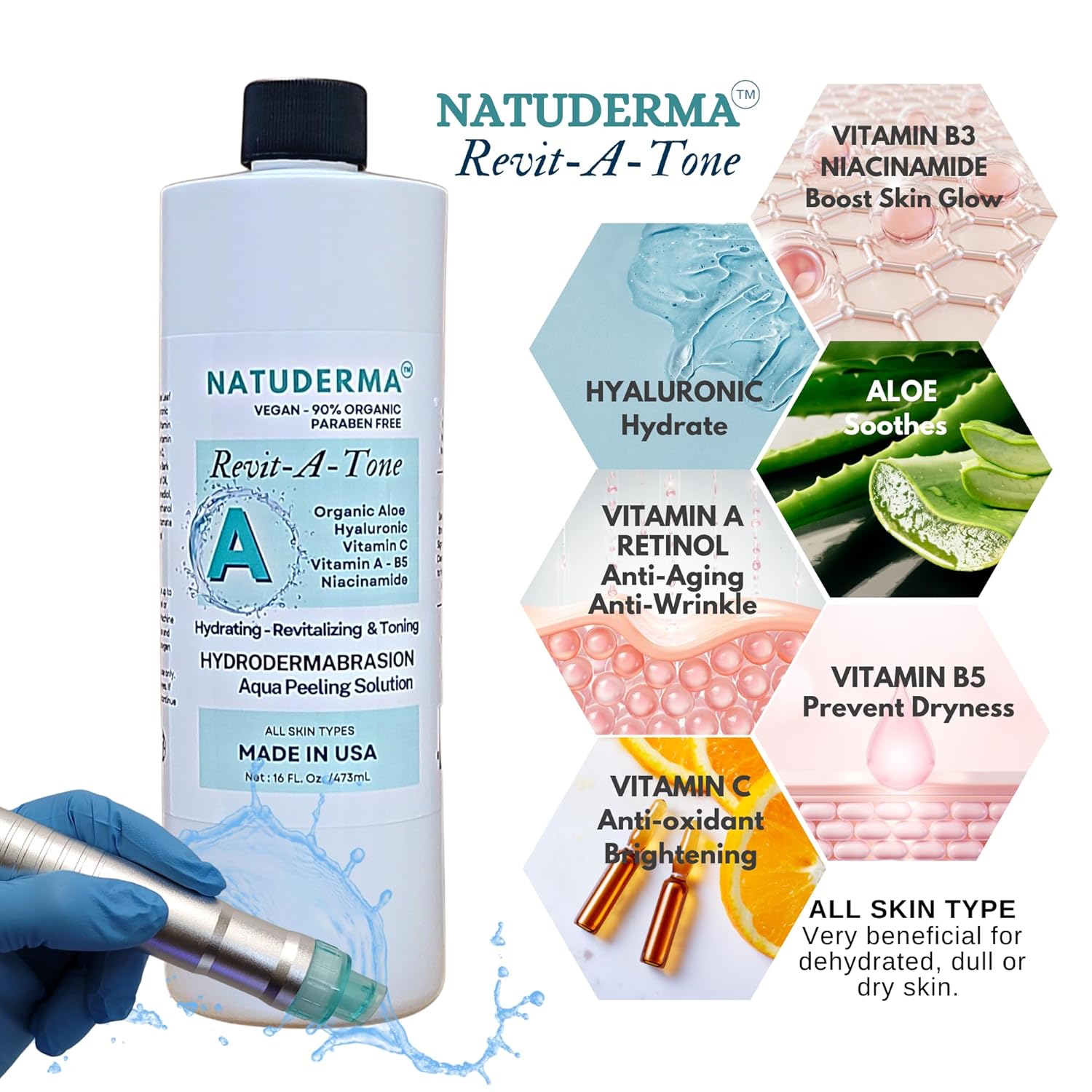 Hydrodermabrasion Solutions | Revitalizing Antioxidant Serum for Hydro Dermabrasion Machine and Oxygen Facial, Revita-A-Tone, 16 oz | and Hyaluronic Acid Serum with Vitamin C, 1oz, by Natuderma