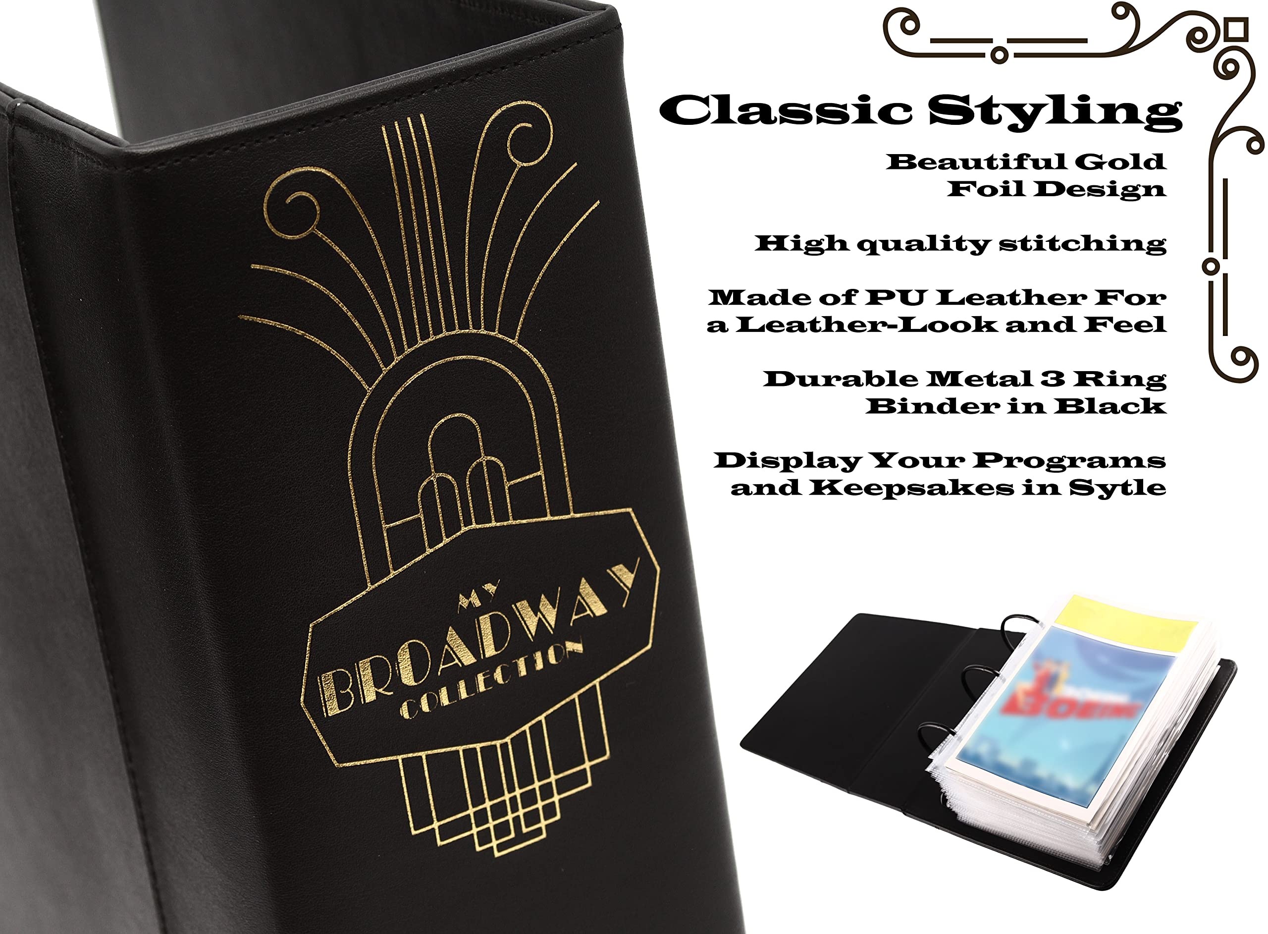 Broadway Playbill Binder mit 30 individuellen Folien – PU-Leder – passend für Playbills von Mitte der 80er Jahre bis modern Black/Gold Foil W/Window