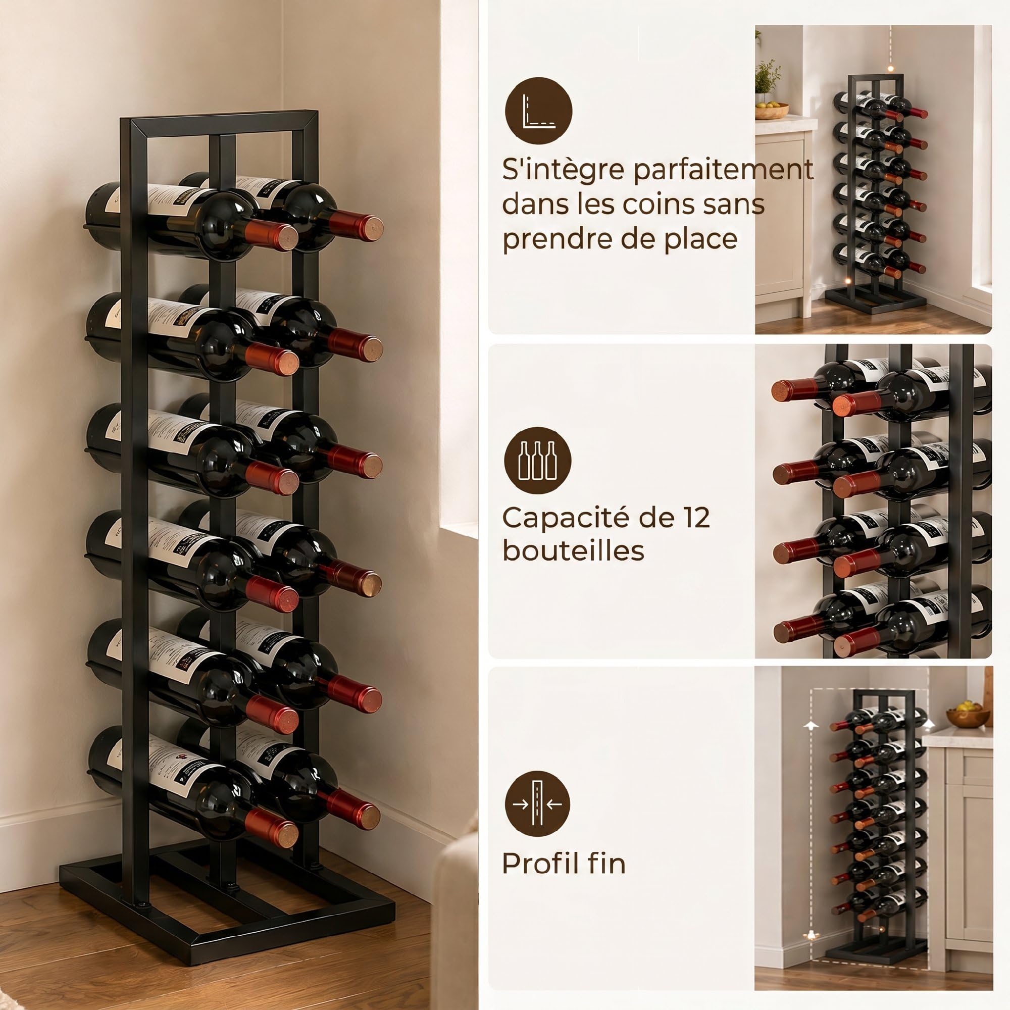 HOMCOM Porte-Bouteilles 12 Bouteilles Casier à Vin Métal sur Pied Noir | Étagère à Vin Industriel, Cuisine, Bar, Salle à Manger, Cave