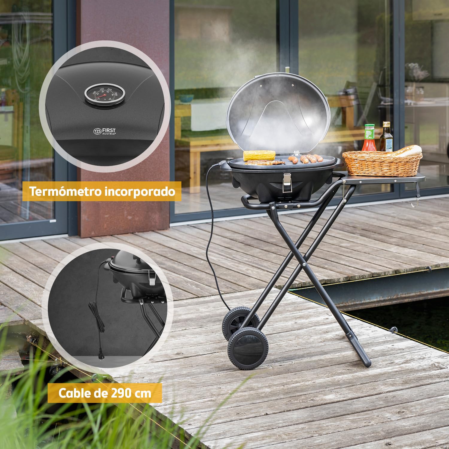 TZS First Austria - Barbacoa eléctrica 2 en 1 de mesa y suelo 2400W - BBQ plegable para balcón y terraza con tapa y carrito - Parrilla esférica con termómetro y bandeja recogegrasas