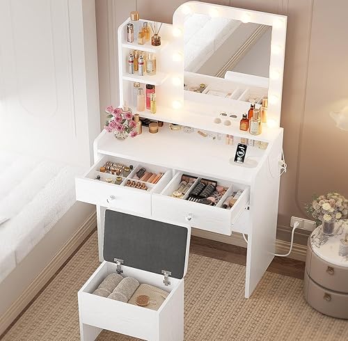 Miniatura 8 de LIKIMIO Escritorio de tocador con espejo y luces, juego de mesa de tocador de maquillaje con taburete de almacenamiento, organizador de cajones de