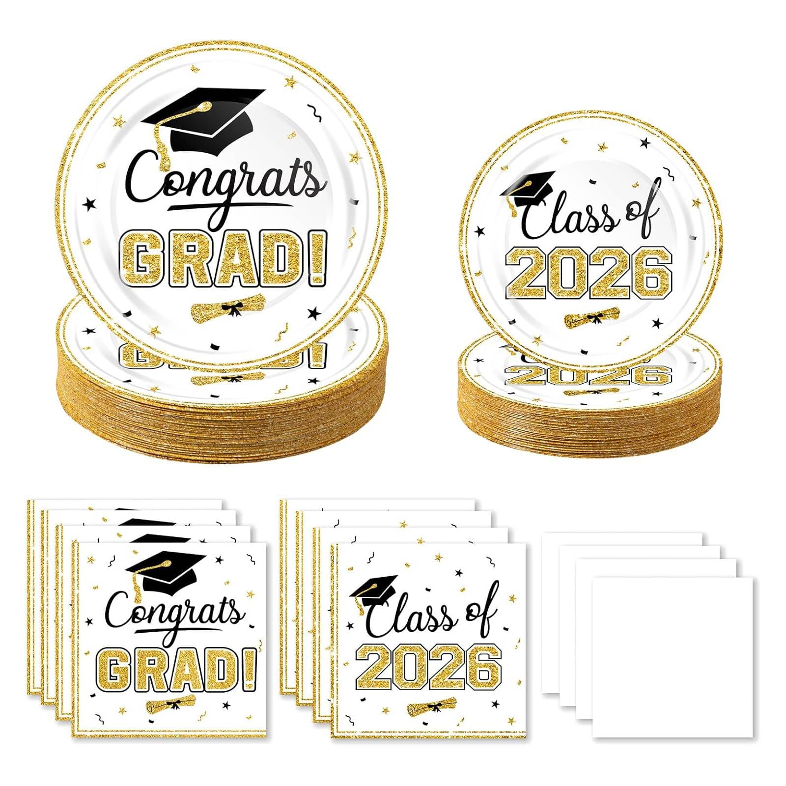 2026 Graduation Party Tableware Set, 200Pcs White Gold Class of 2026 Graduation Party Plates and Napkins Disposable Tableware for School Congrats Party Supplies