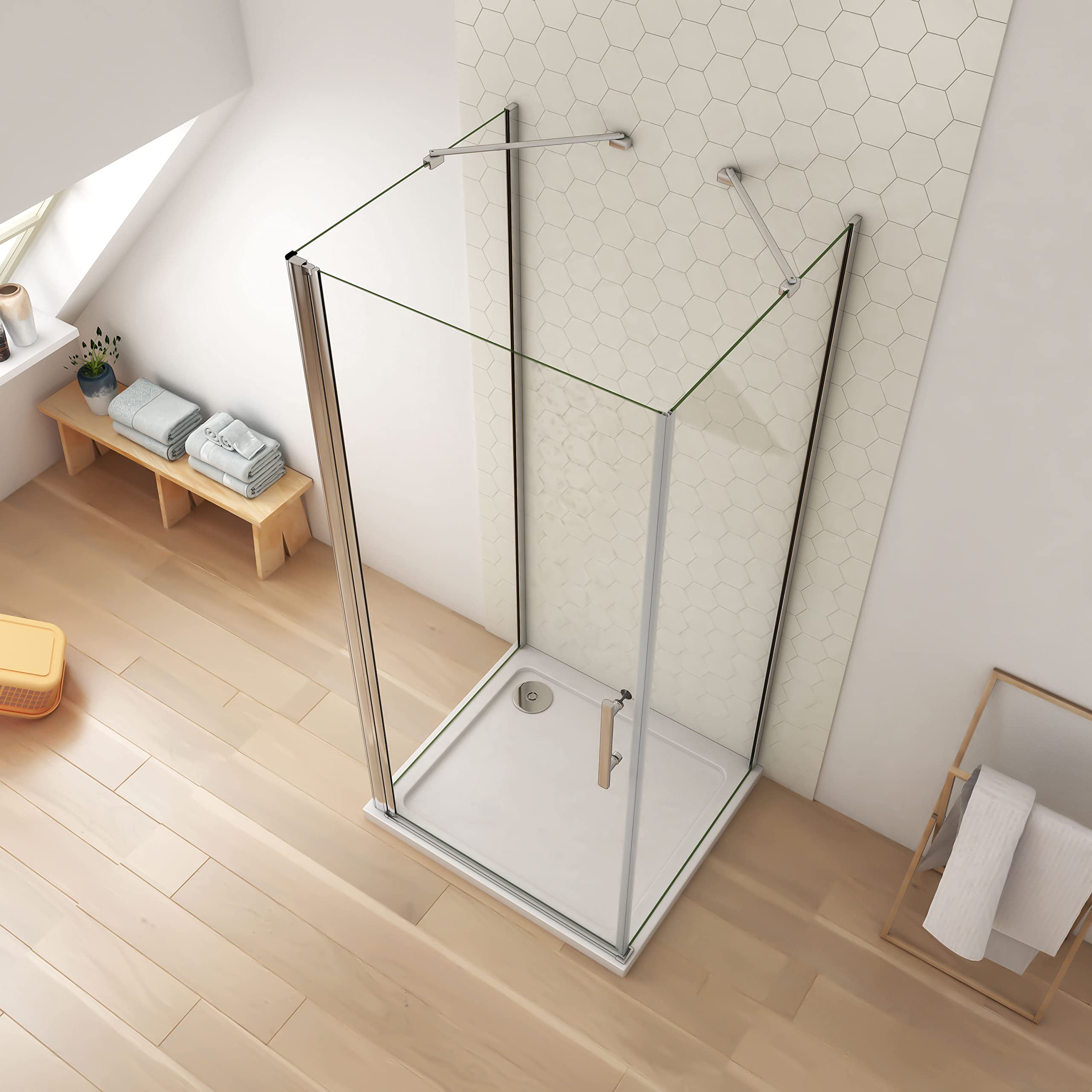 100x90x90x195cm Mampara de ducha angular abatible tres hojas, 6mm cristal templado antical, barra de sujeción incluido, marco de aluminio cromado
