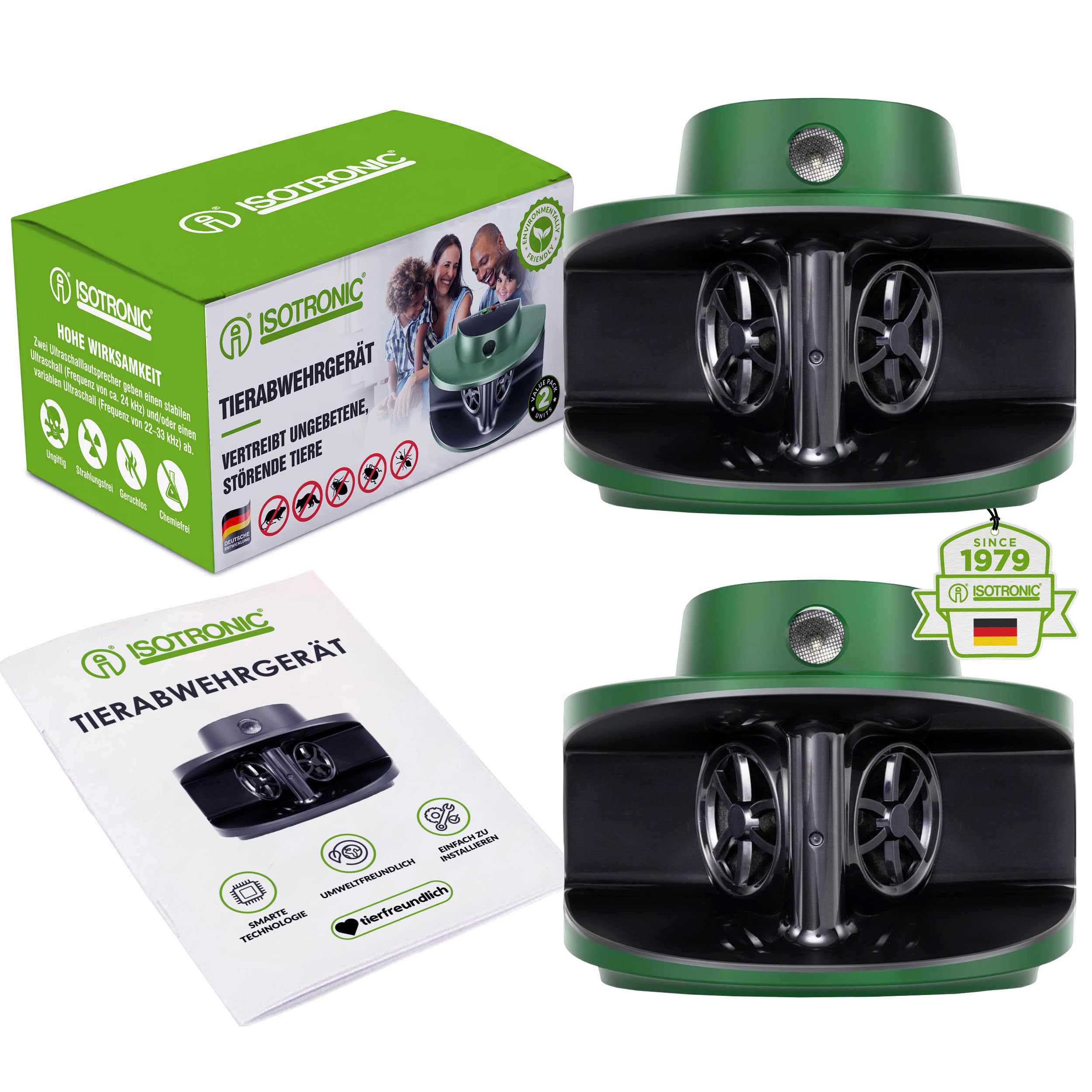 ISOTRONIC Ultraschall Mäuseabwehr zum Mäuse, Ratten, Kakerlaken & Waschbären vertreiben – Schädlingsvertreiber für Haus, Keller & Garten – Mäuseschreck ohne Gift – 40m² Wirkungsbereich (2 Stück)