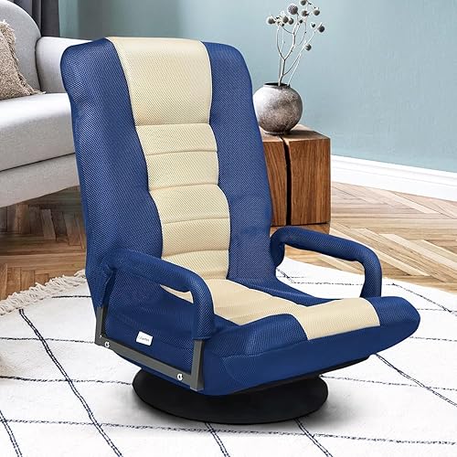 Miniatura 9 de KOMFOTT Silla de suelo para juegos, silla giratoria de 360 con respaldo ajustable de 6 posiciones, reposabrazos, soporte lumbar, sillas plegables