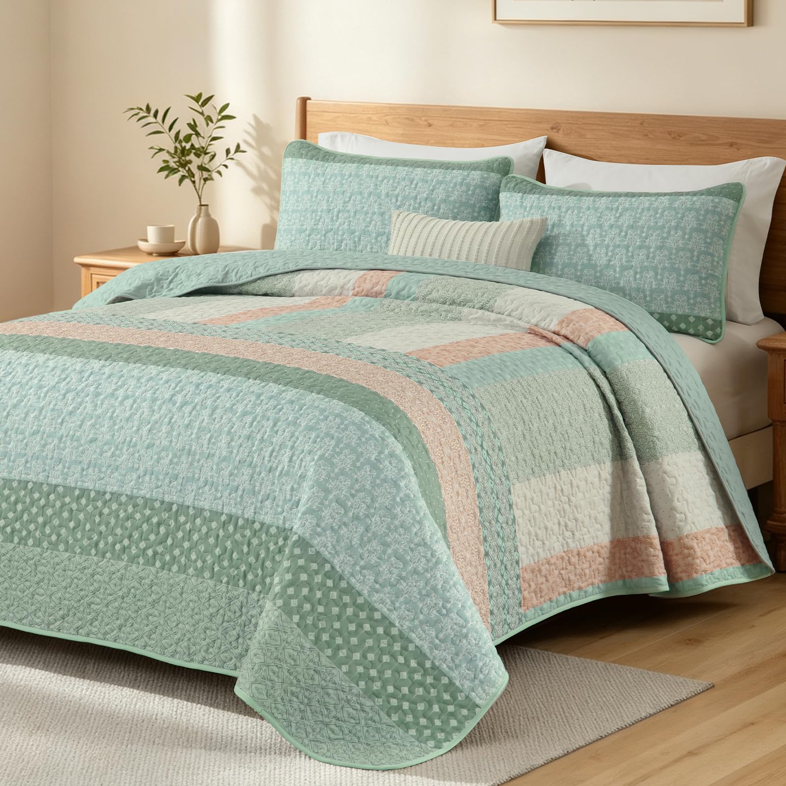 WONGS BEDDING Quilt Set King Size, Bohemian Stripe Bedspread Vintage Green