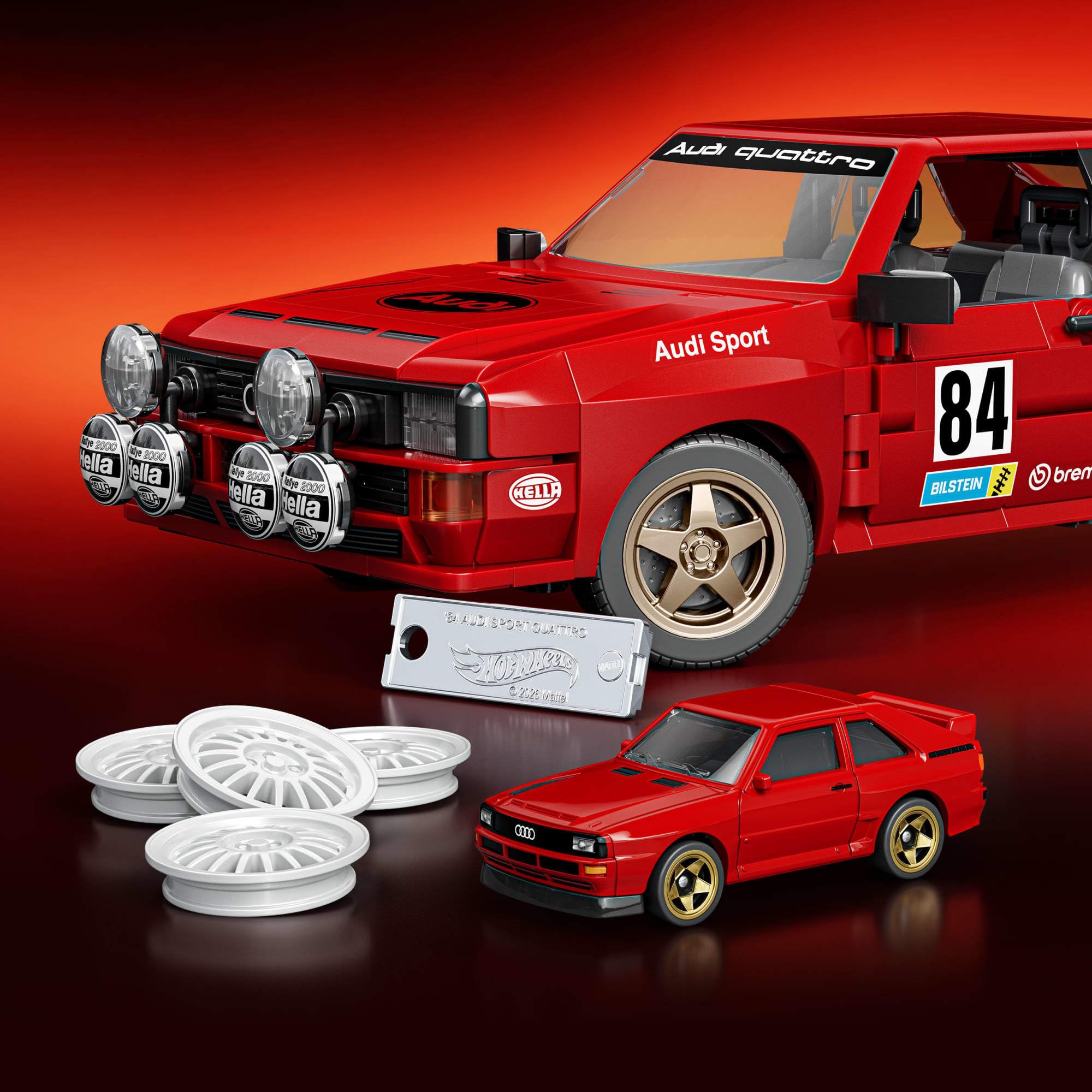 Mattel Brick Shop Hot Wheels Elite Series ’84 Audi Sport Quattro Klocki | Samochód do zbudowania, realistyczne detale i wyjątkowe naklejki, zestaw konstrukcyjny dla kolekcjonerów i dzieci 10+, JLK39