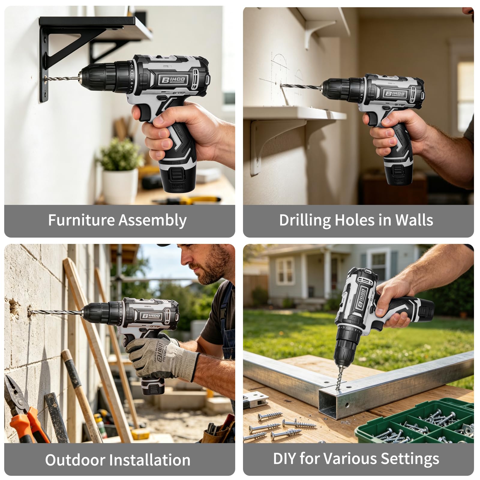 Kit trapano avvitatore senza fili da 12 V, 2 velocità 0-1600 giri/min, coppia 25+1, mandrino senza chiave da 3/8", luce a LED, batteria e caricabatterie, set di punte da trapano, per progetti fai da