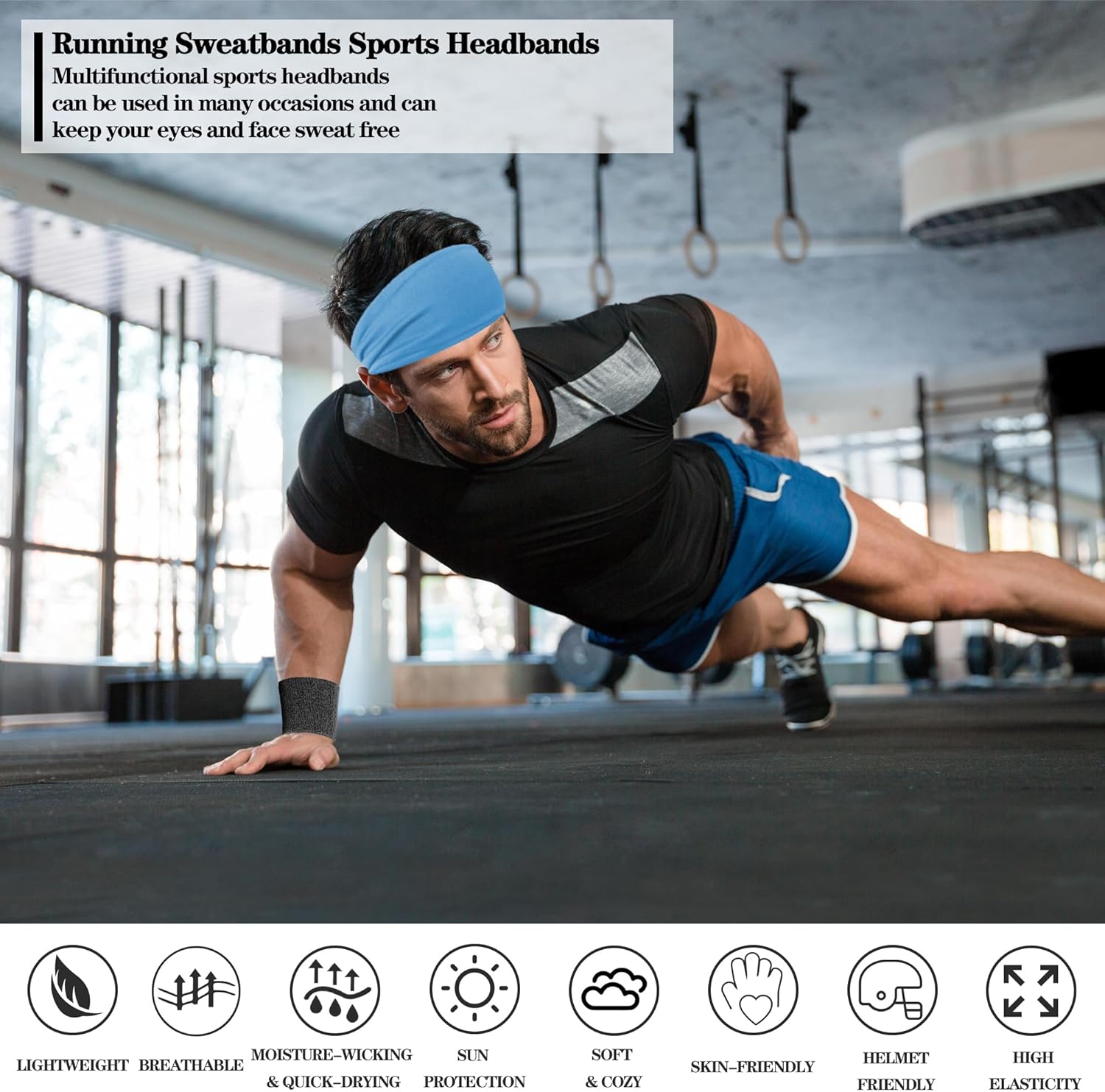 6 Pack Sports Headbands for Mens Running Headband for Women, Moisture Wicking Workout Headband Sweatbands for Running,Cycling,Football,Yoga,Fitness Stretchy Unisex Hairband -Dark Color Series - Image 2