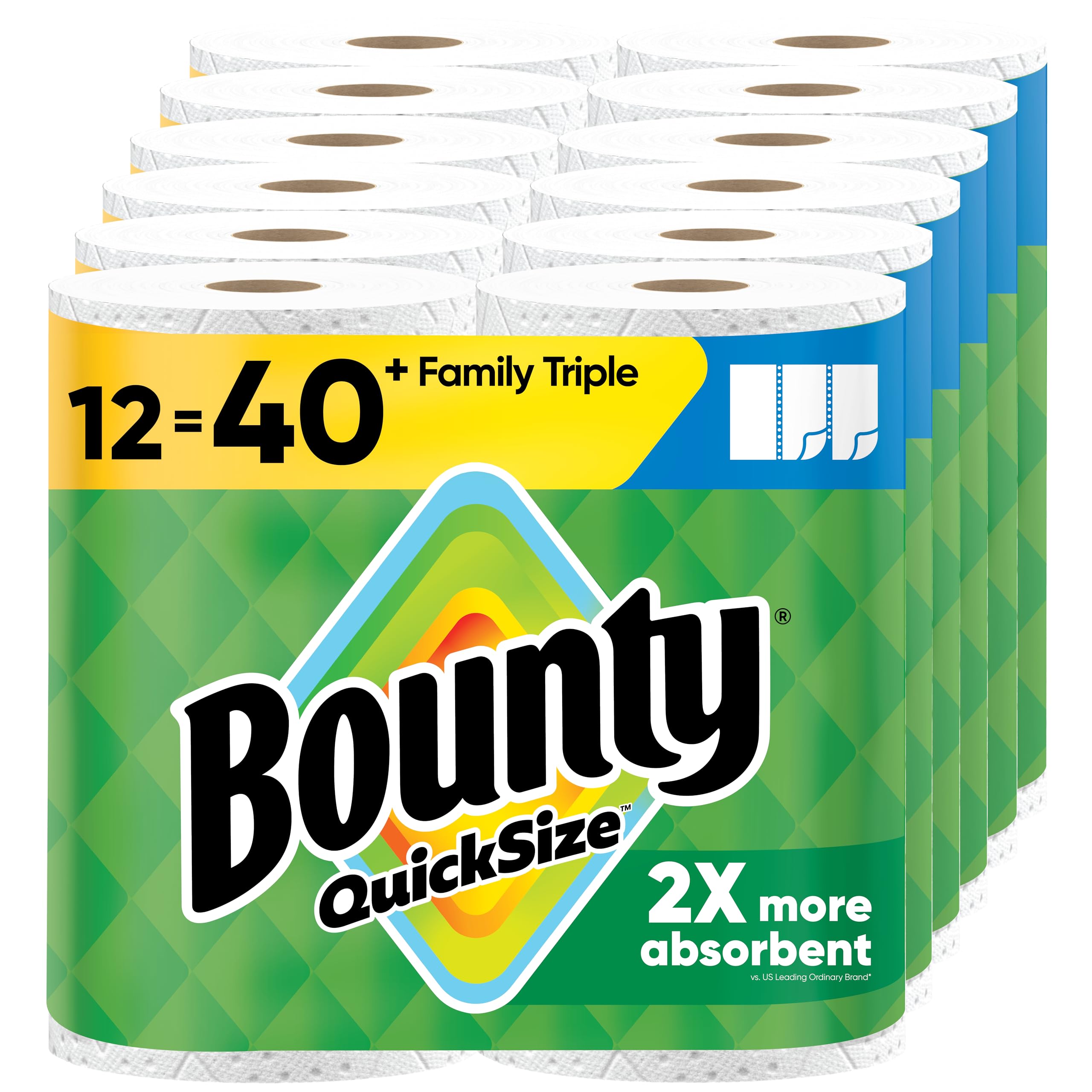 Bounty Quick-Size Paper Towels, White, 12 Family Triple Rolls = 40 Regular Rolls