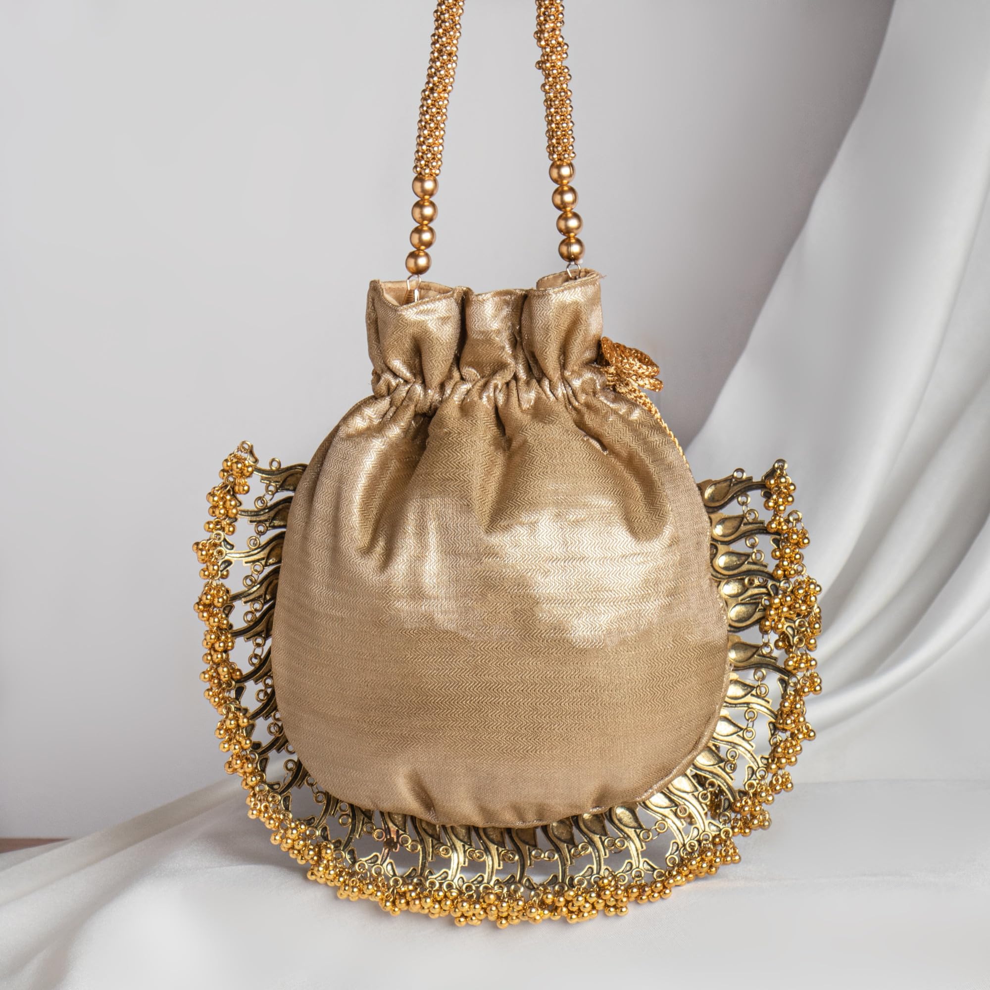 Amayra Luxe Tissue Silk Metal Peacock Gota Hand Embroidery Work Potli Bag for Ladies & Girls | Women Shagun Pouches for Festive Seasons | Batwa Bag Bridal Purse With Embroidery. (Golden)