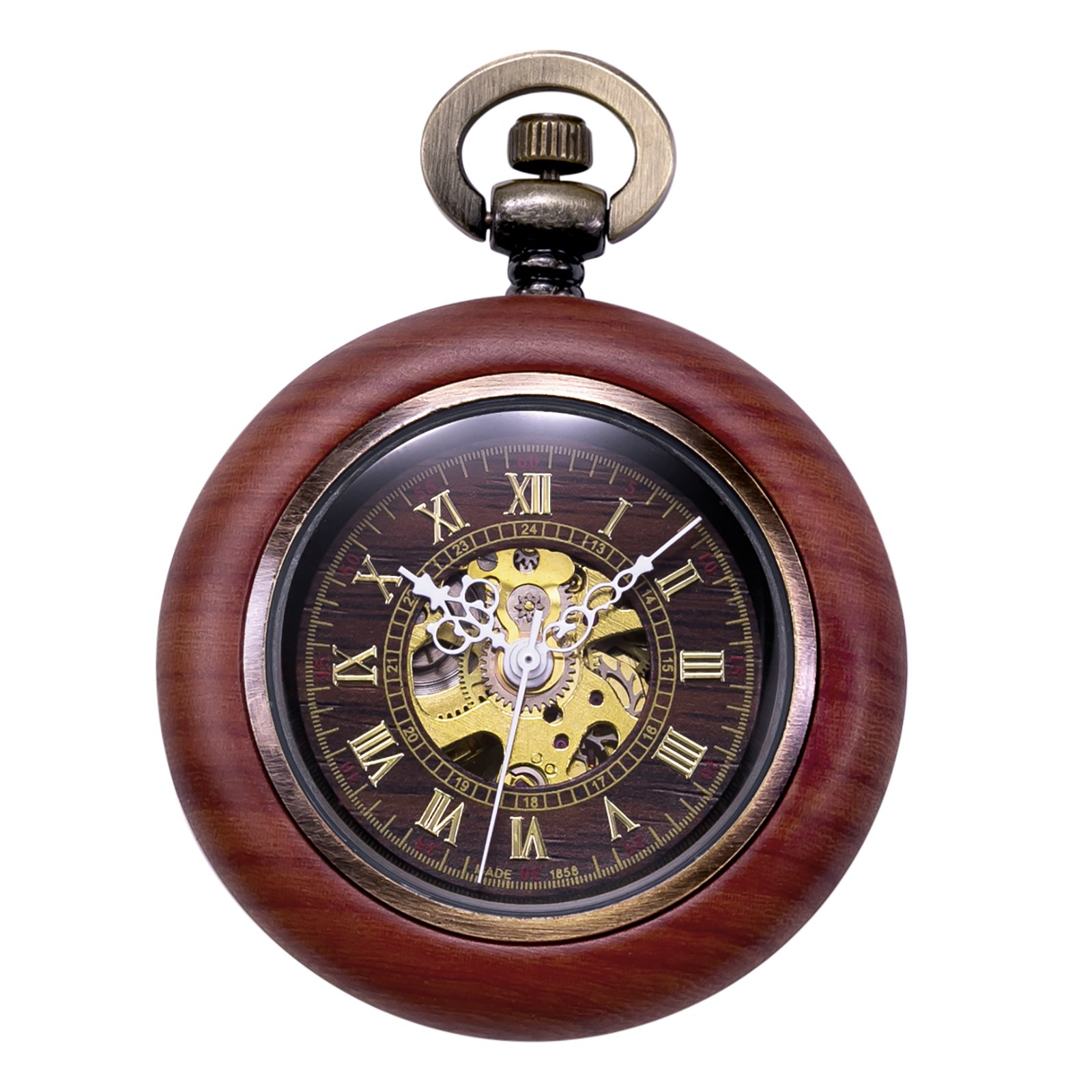 TREEWETO Montre de poche mécanique automatique en bois vintage pour homme et femme, cadran squelette steampunk avec chaîne + boîte cadeau