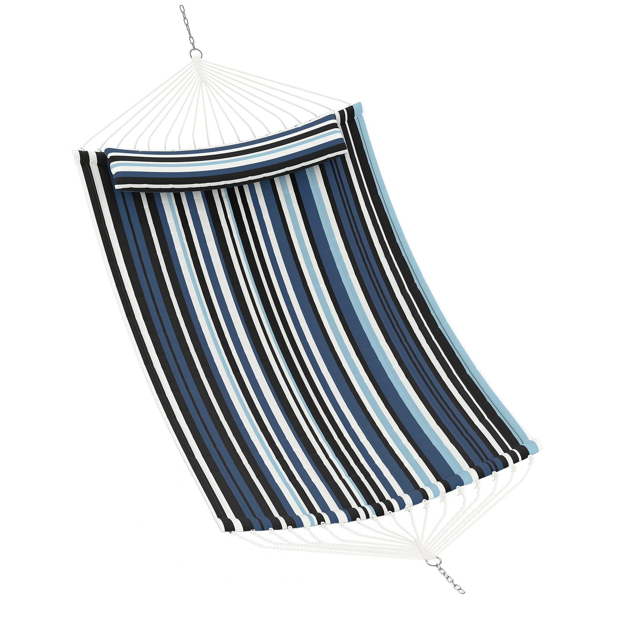 Garvee A-Dark And Light Blue Stripes Double Hammock For 2 Person, 3.5M Large Garden Hammock With Wooden Spreader Bar & Detachable Pillow, 204Kg Capacity Outdoor Swing Bed With Chains, Blue Stripes