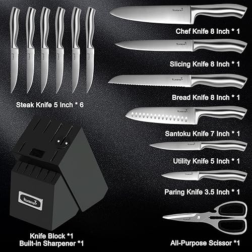 Miniatura 3 de Kuisine Juego de cuchillos afilados, moldeado de una pieza, mango ergonómico de acero antideslizante de hoja afilada, juego de cuchillos de chef con