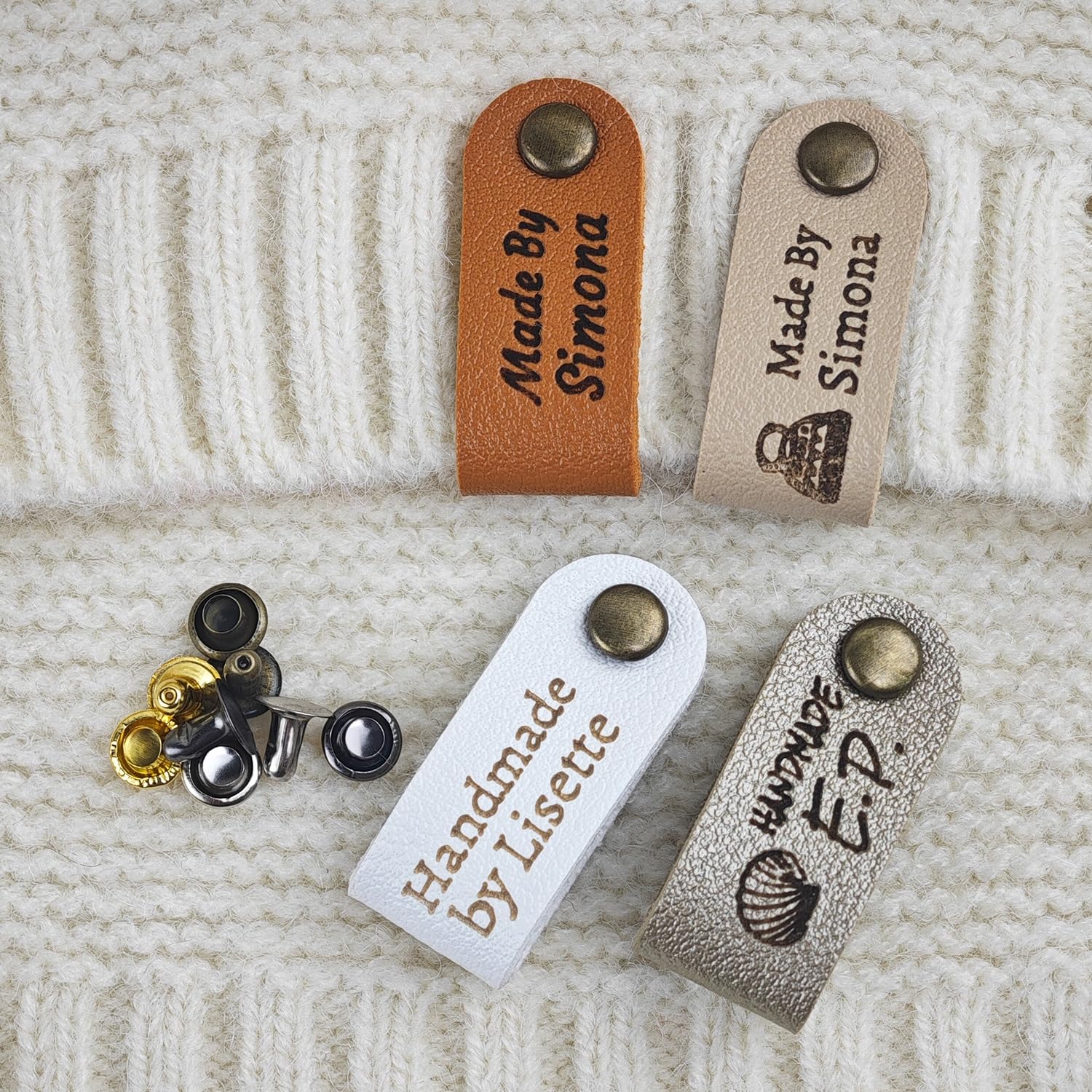 15pcs Custom Faux Leather Labels With Rivets For Handmade Items, Personalized Business Products Labels For Crochet And Knits Projects, DIY Folded Leather Tags