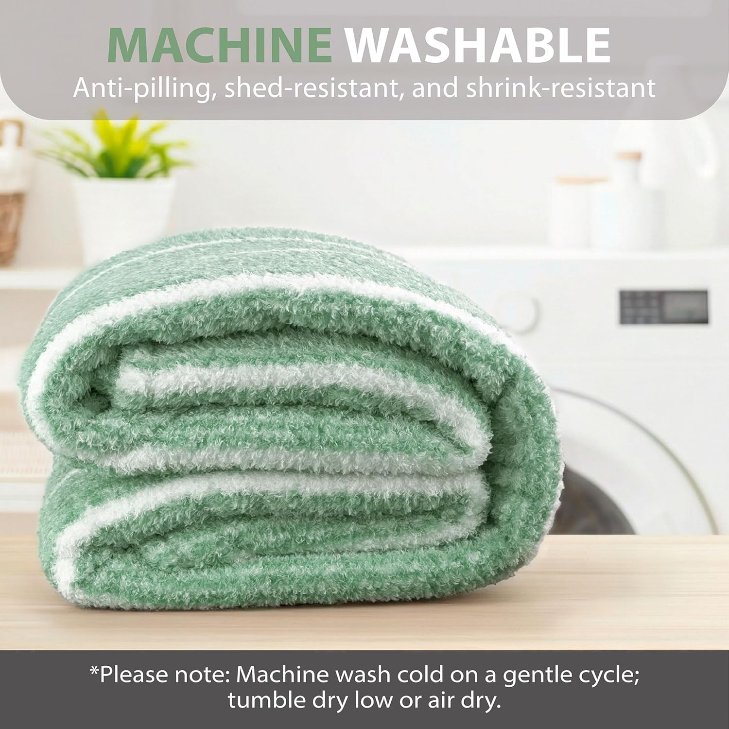 DEZ FURNISHINGS Oversized Cozy Knit Look Cloud-Soft Plush Printed Fleece Throw Blanket, Lightweight & Breathable, Queen (90" x 90"), Sage Green Stripe