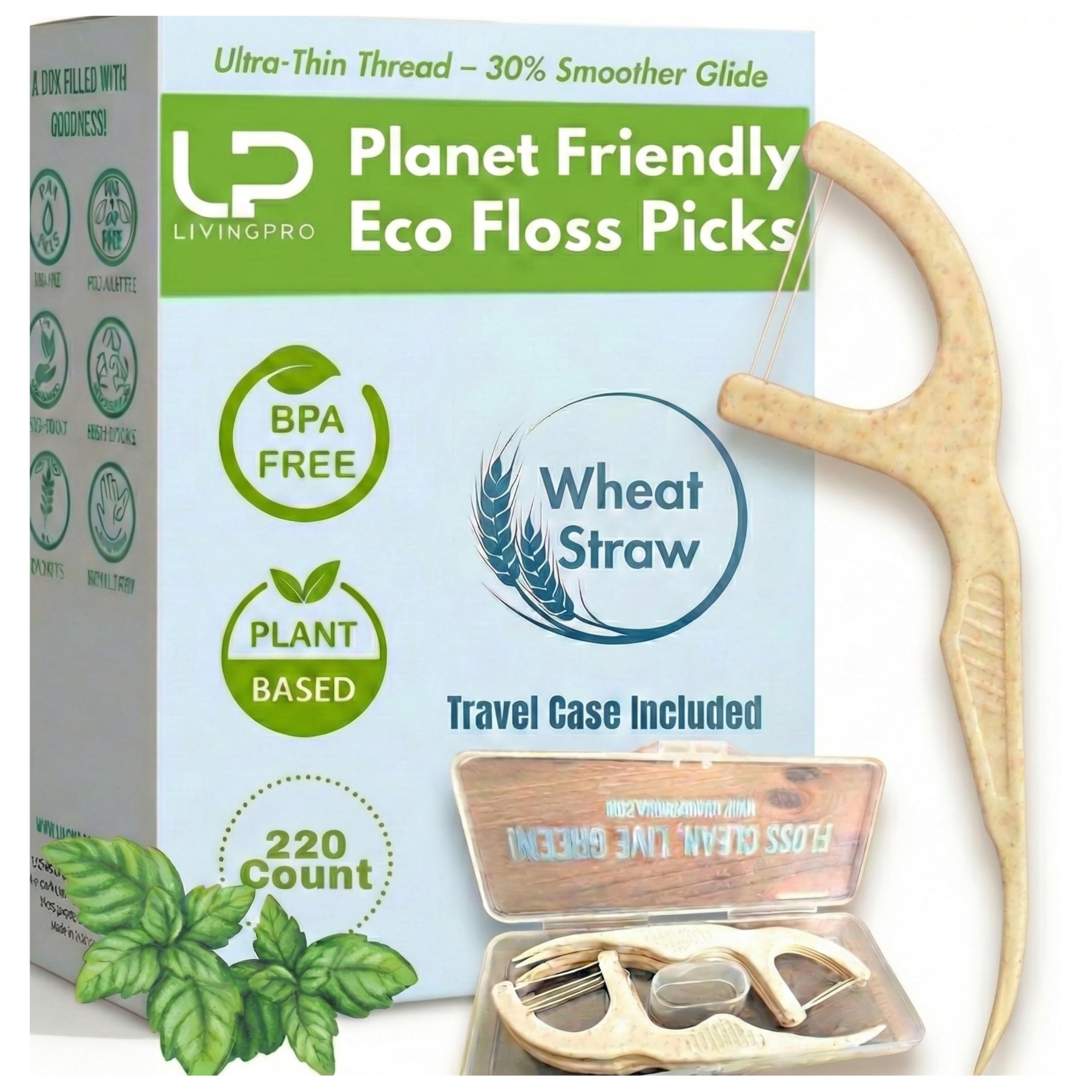 Twin Line Biodegradable Floss Picks 220 Count - Compostable Tooth Flossers Minty Fresh-Double Thread 2X The Clean Bonus