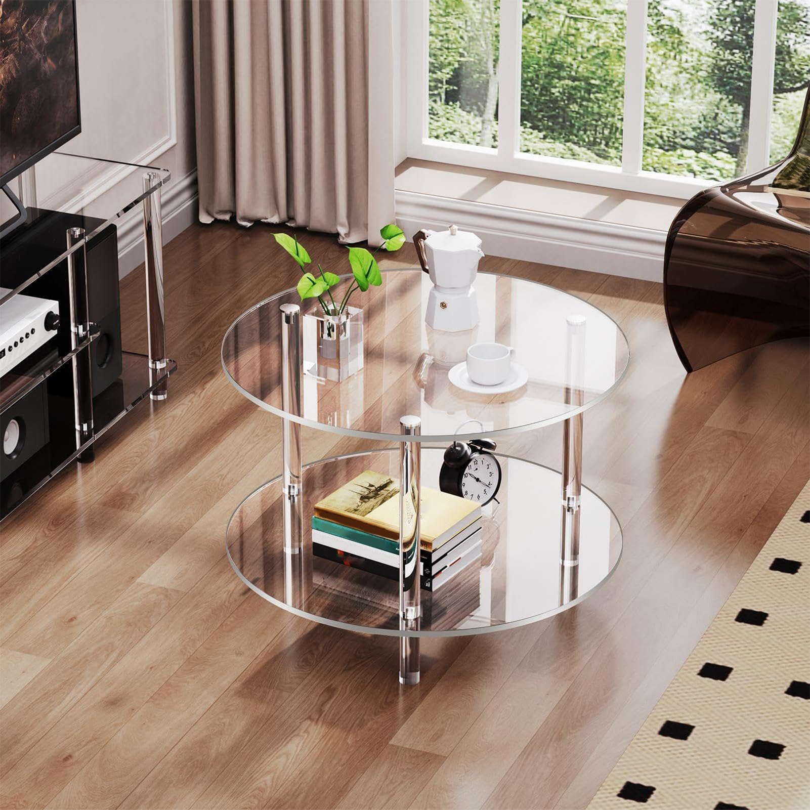 Tavolino da Caffè Rotondo Tavolo Da Tè A 2 Livelli | 39.9 x 39.9 x 41.9 cm Comodino in Acrilico Trasparente, Arredamento Moderno per Studio Camera da Balcone Giardino
