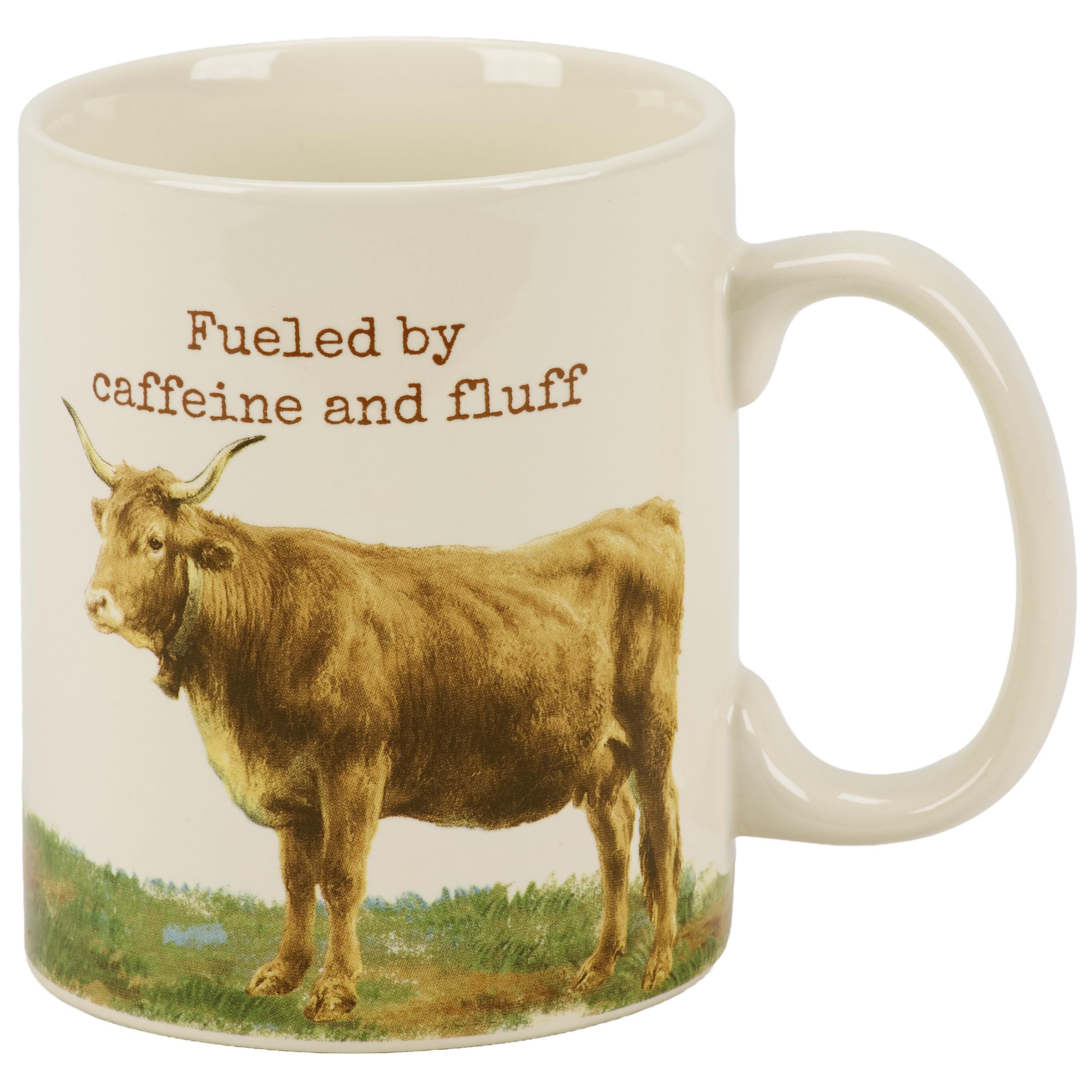 Primitives by Kathy Stoneware Coffee Mug, 18oz, Large Double Sided Design Fueled By Caffeine and Fluff, Farm Puns Collection | Farmhouse and Homestead Kitchen Decor