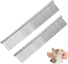 2 Combs for Dogs, Stainless Steel 2-in-1 Rounded Care for Large Small Hair | Sturdy metal, pets, grooming, safe skin, handle handle, stable practical, double row teeth