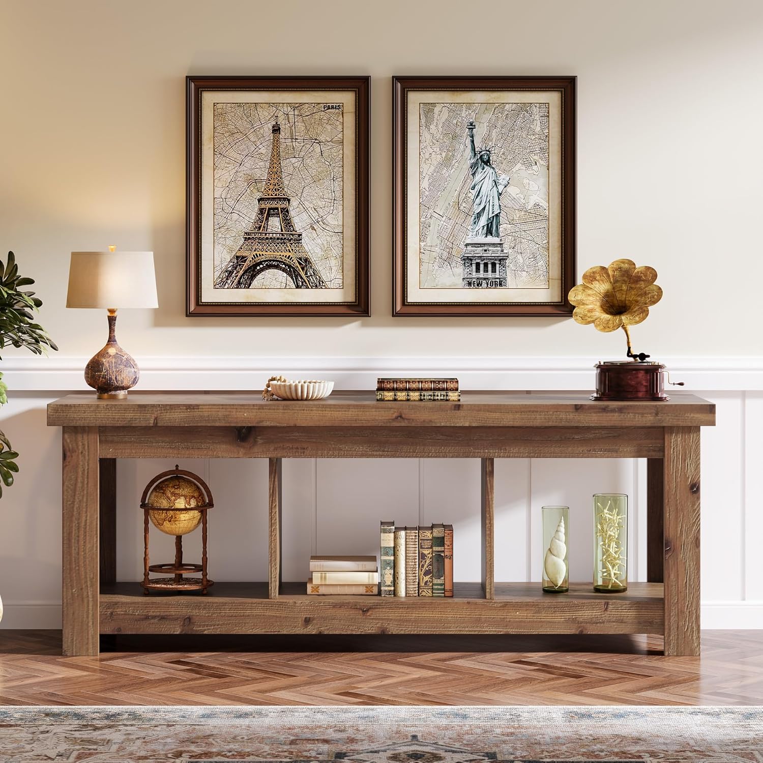 Tribesigns 63" Solid Wood Console Table with Storage, Long Entryway & Sofa Table for Behind Couch, Farmhouse Hallway Accent for Living Room, 63" TV Console Stand, Natural Finish