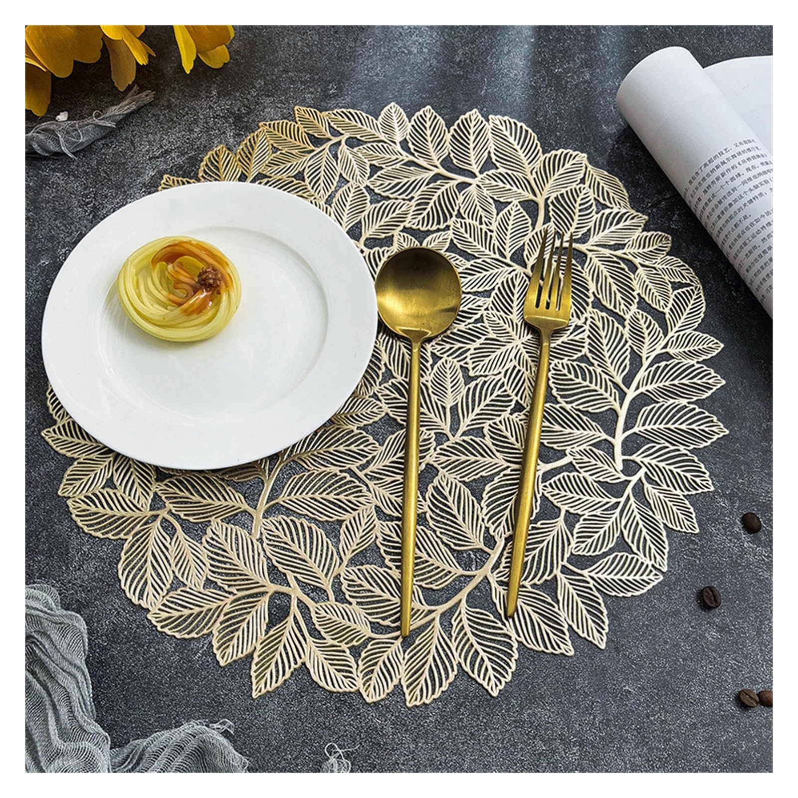 Placemats 15inch Placemats Set Of 6 Gold Leaf Round Non-Slip Wipeable Table Mats For Dinner,Party,Wedding Accent Centerpiece(COLOR1)