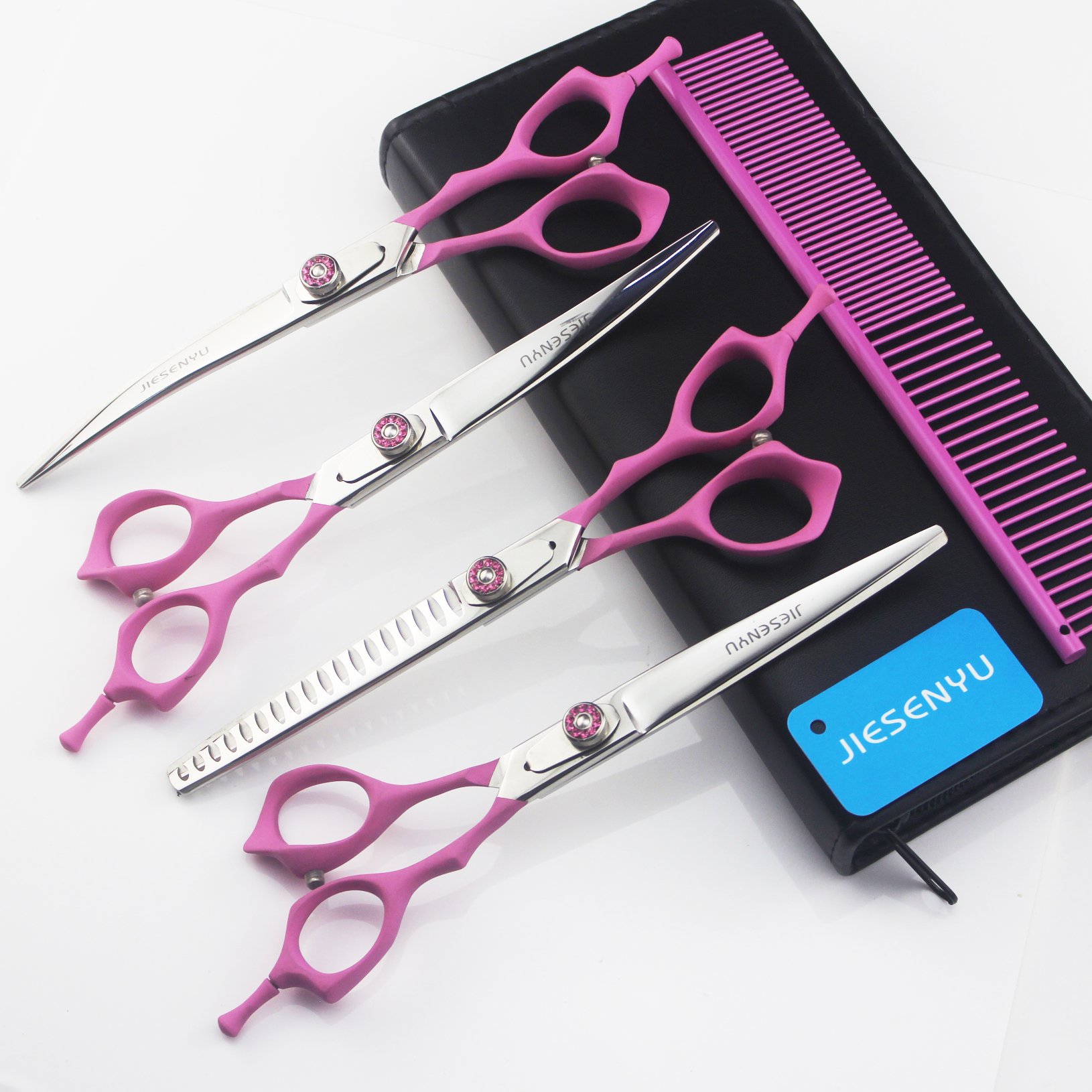 JIESENYU 7 inch Pro Pet Grooming Scissors Sharp Edges Cutting +2Curved +Thinning Scissors 4 PCS Set (Pink)