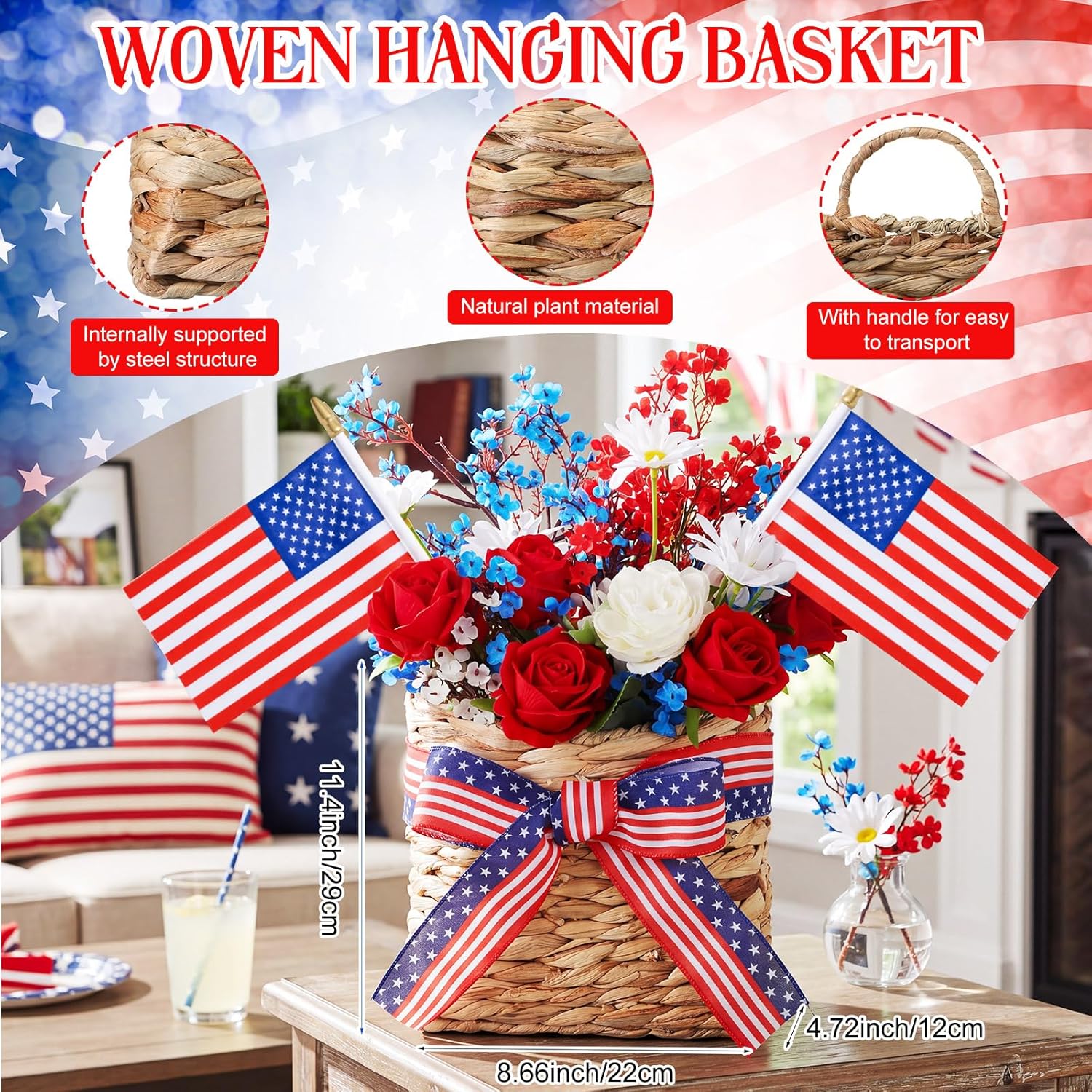 Suclain Patriotic Woven Hanging Basket Decoration 4th of July Front Door Basket with American Stick Flag Star Stripe Ribbon Hanging Flower Arrangement for Independence Day Home Farmhouse Decor Garden