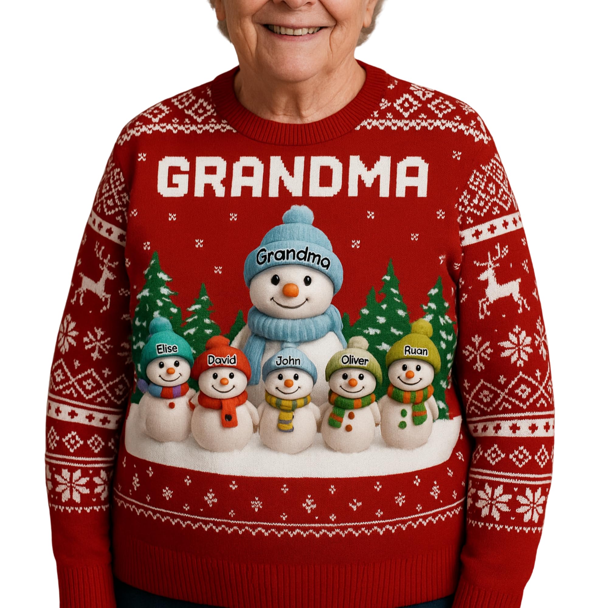 Christmas Wonder Glows in Every Smile - Custom Ugly Sweater Snowman Grandma Ugly Sweater with Grandkids Name Snowman