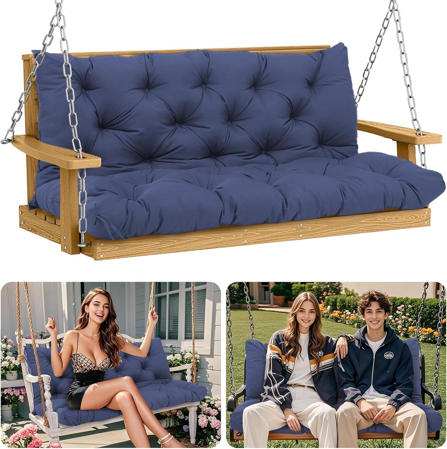 Porch Swing Cushions Outdoor 60 inch Waterproof Thick 5" Swing Cushions 3 Seater Replacement Bench Cushion with Backrest & Ties Patio Swing Cushions Replacement Swing Cushion for Outdoor Furniture