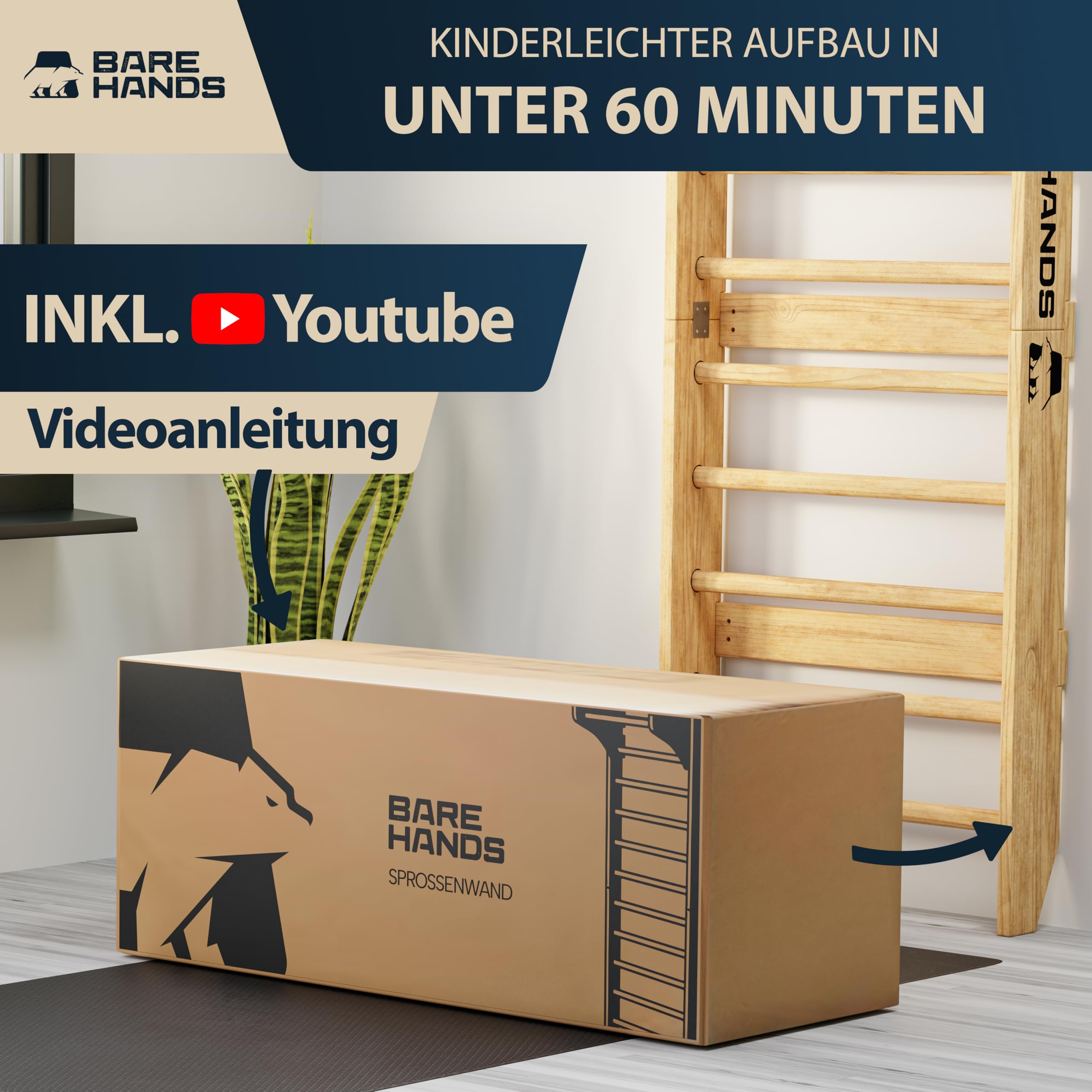 Bare Hands Sprossenwand für Erwachsene & Kinder bis 200 kg – Hochwertige Kletterwand für Zuhause & Kinderzimmer – Mit oder ohne Klimmzugstange und Dipstange erhältlich