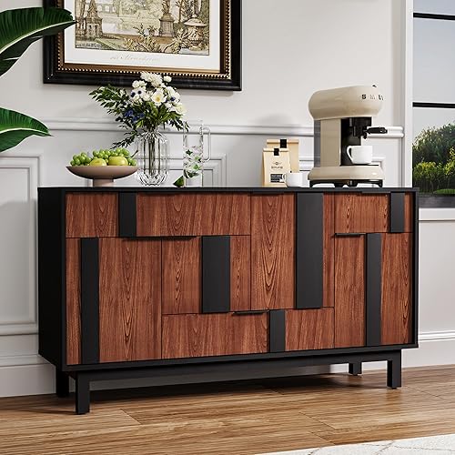 Aparador moderno con puertas geométricas 3D, armario de TV de 54 pulgadas con 4 puertas y 3 cajones, credenza de almacenamiento de buffet para sala