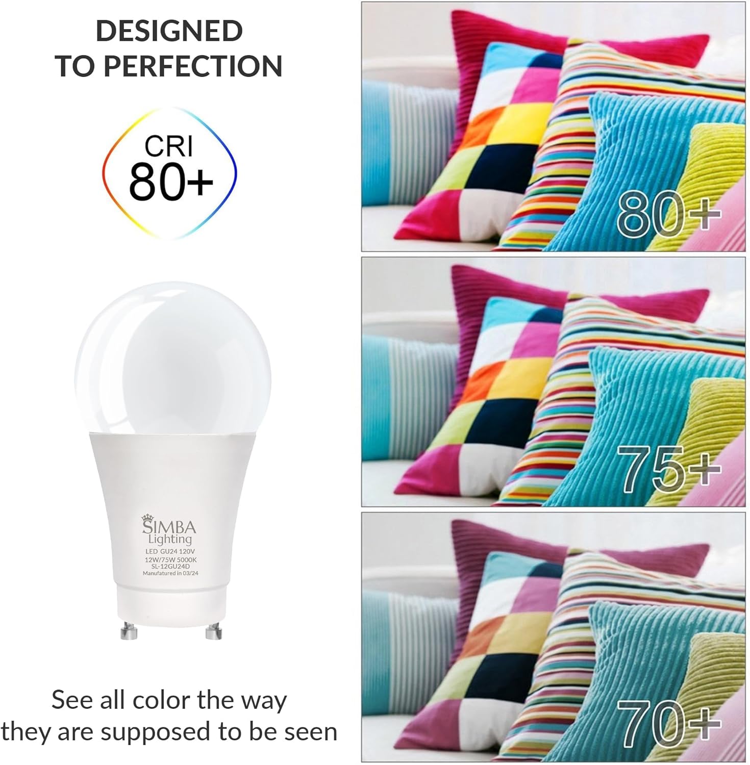 Simba Lighting LED GU24 A19 Light Bulb 12W 75W to 100W Replacement (4 Pack) 120V 2 Prong Twist and Lock Base for Ceiling Lights, Pendants, Outdoor Lanterns, Floor Lamps, Non-Dimmable, 5000K Daylight