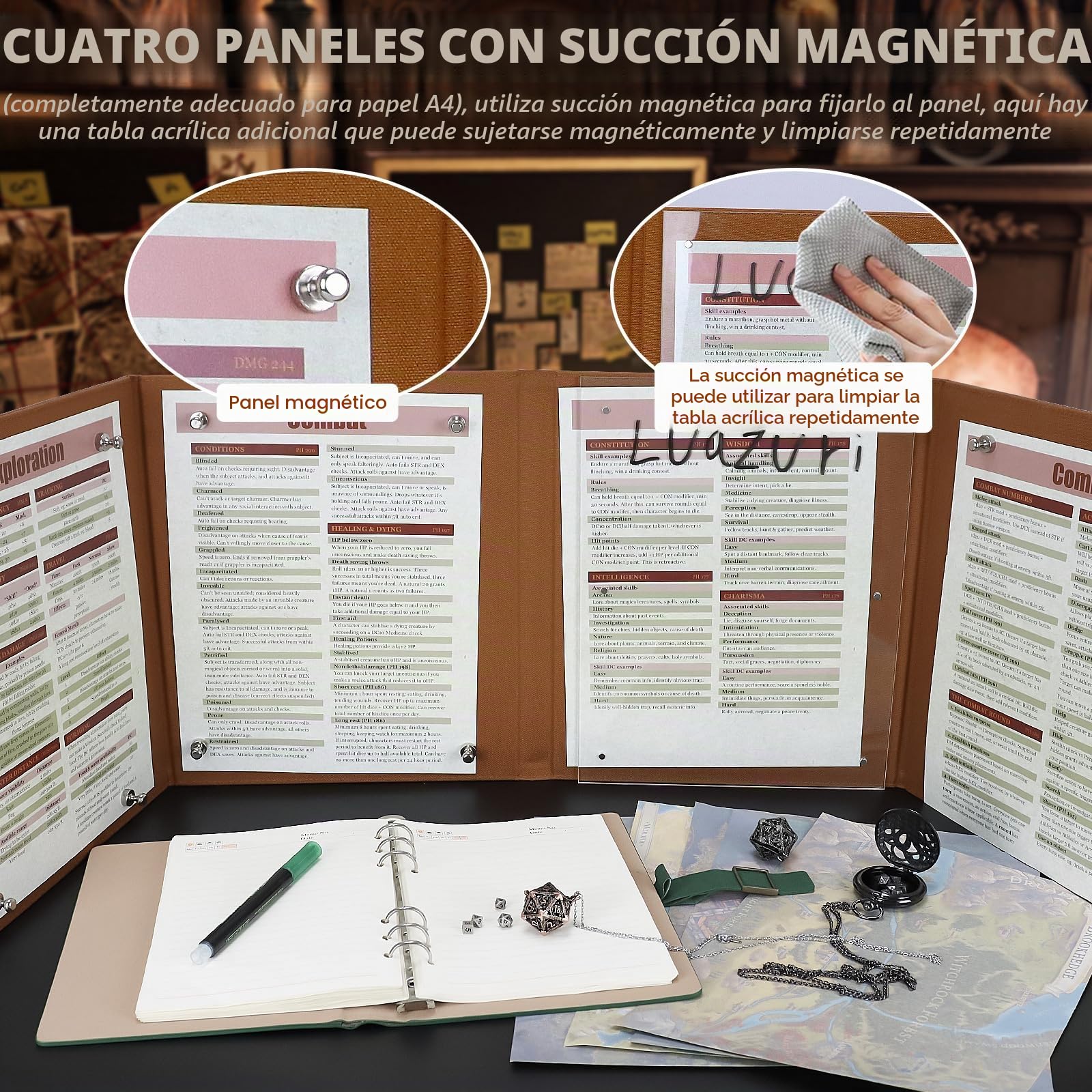 DND DM Screen 5e Dungeon Master Screen, Deluxe Leather 4-Panel Customizable Magnetic Panel Game Master Screen, para DND y Dungeons and Dragons, Regalos de Mesa RPG Accesorios de Juegos